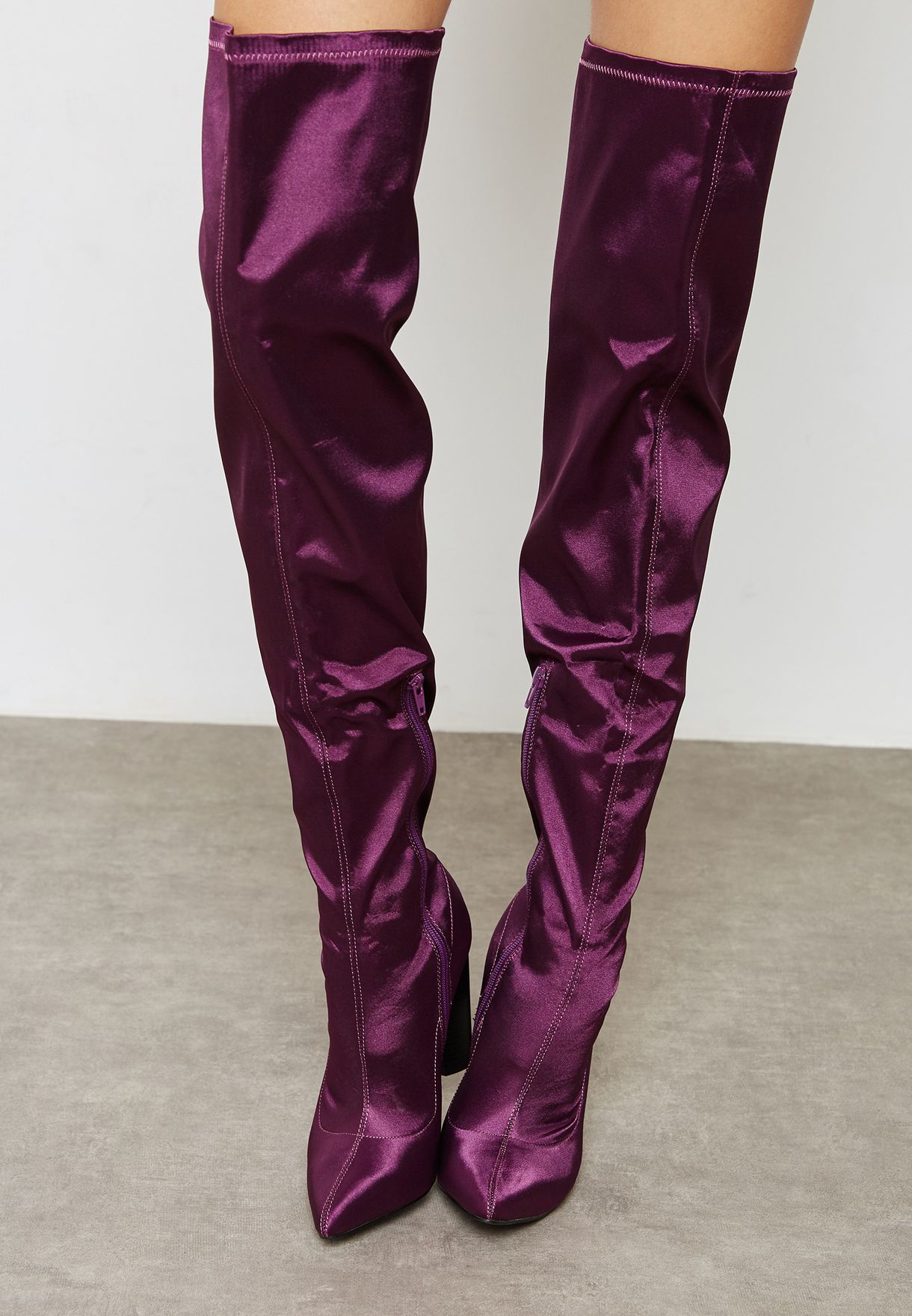 pink satin thigh high boots