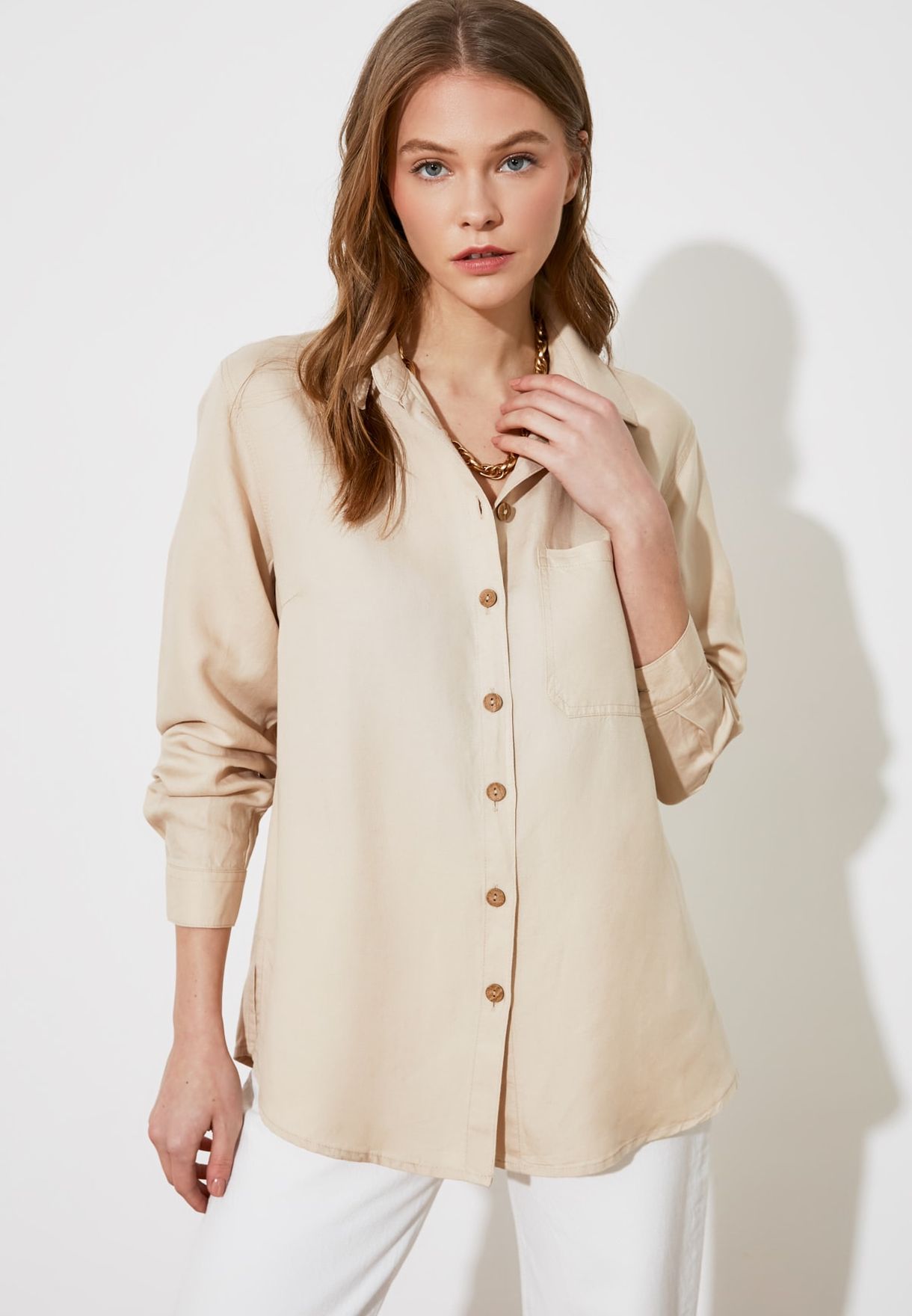 Buy Trendyol beige Denim Button Down Shirt for Women in MENA, Worldwide