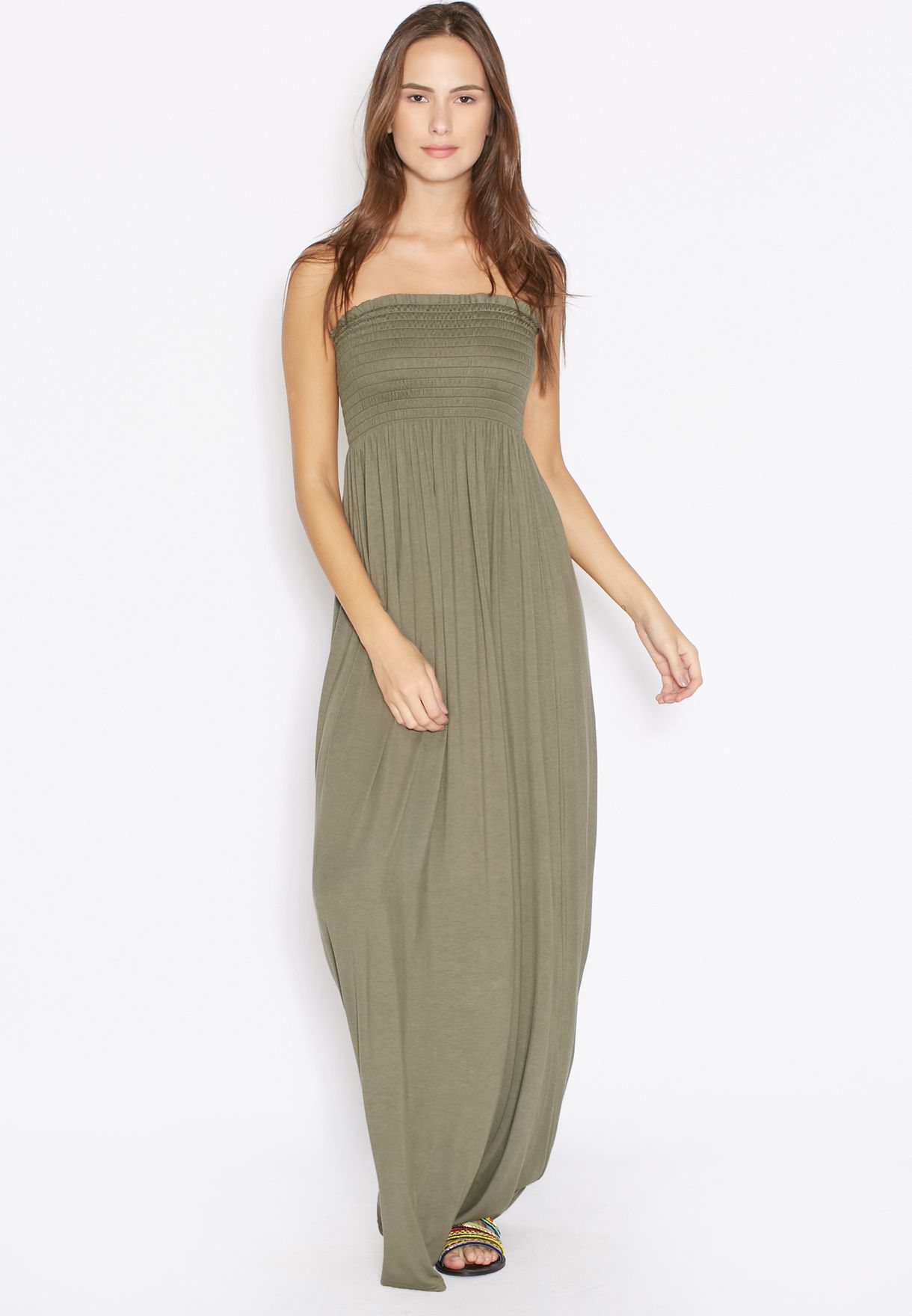 khaki bandeau maxi dress