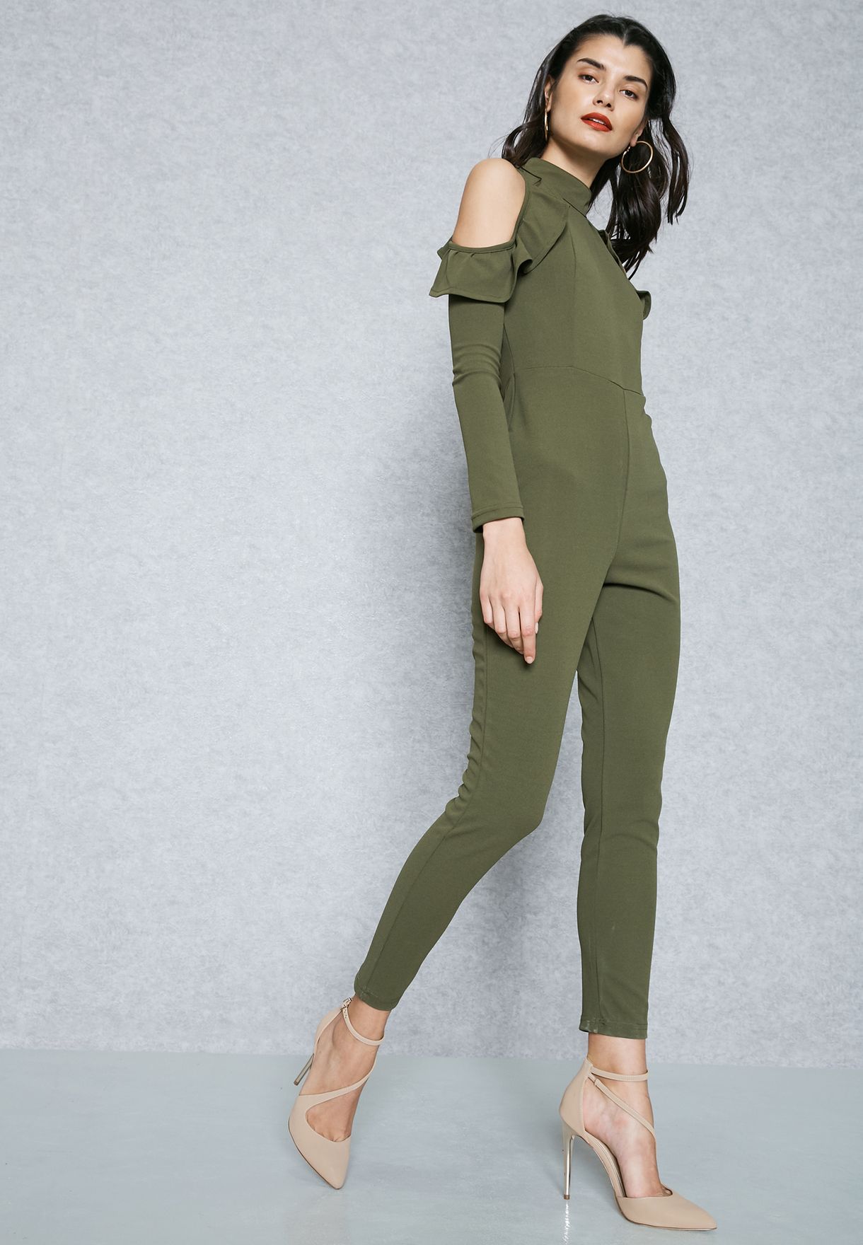 green cold shoulder jumpsuit