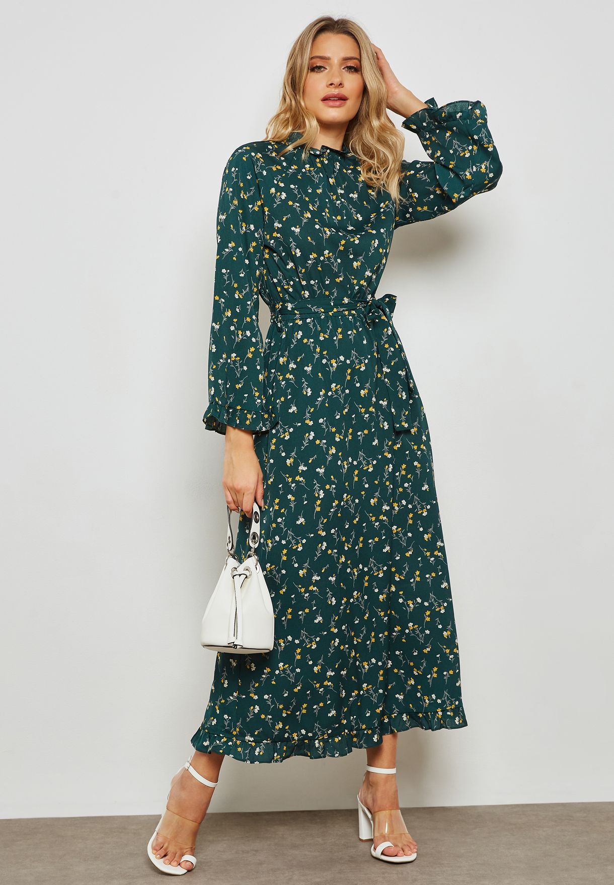 floral print self tie maxi dress