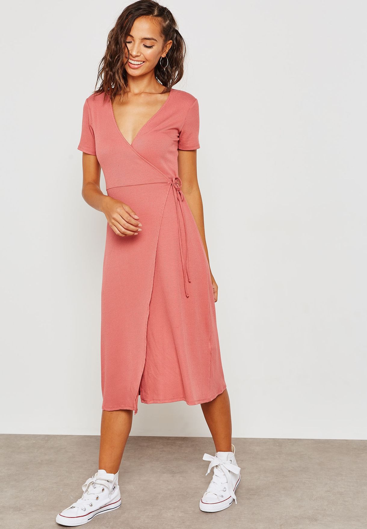 Buy Forever 21 pink Ribbed Wrap Dress for Women in MENA, Worldwide