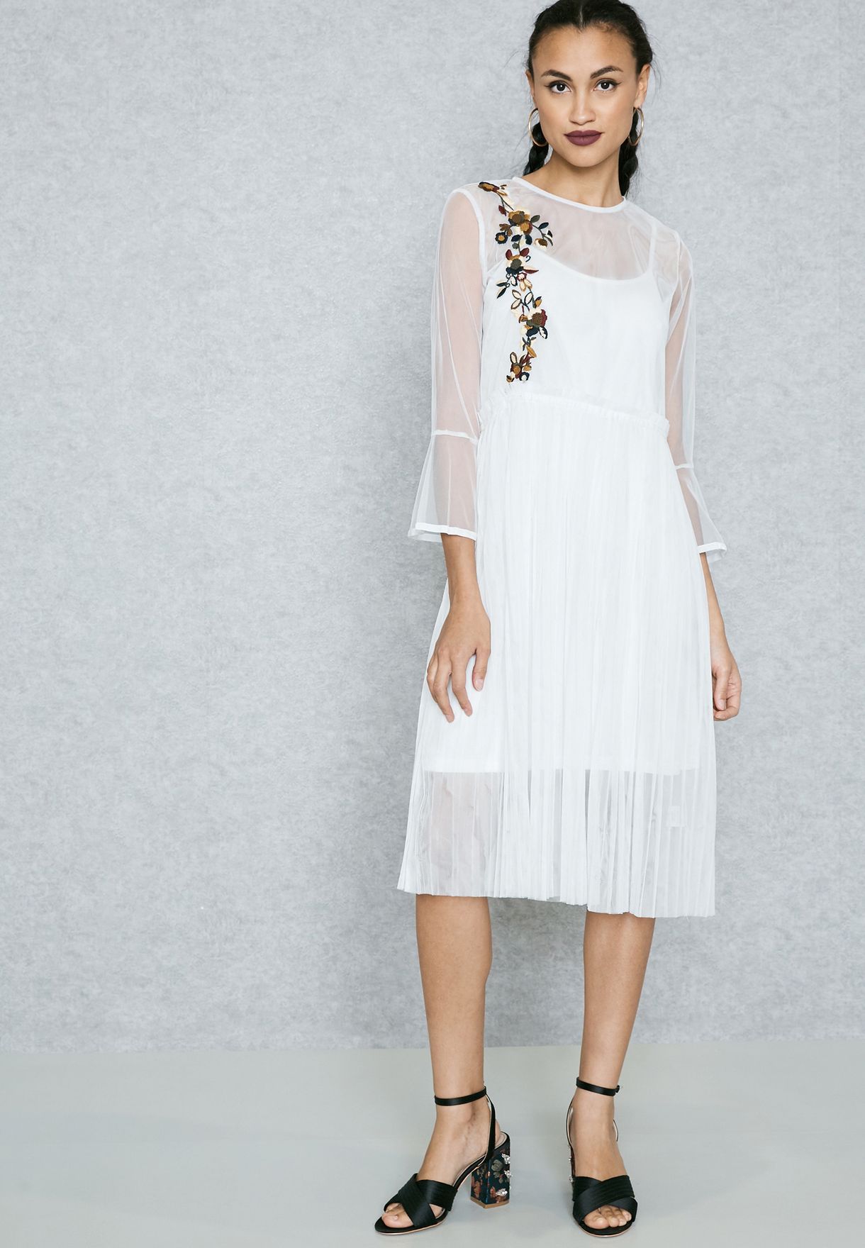 Sheer Embroidered Pleated Dress