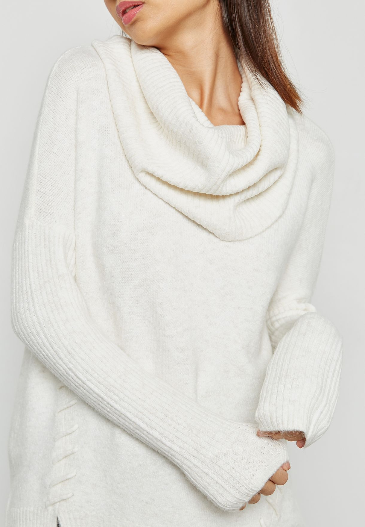 white cowl neck sweater