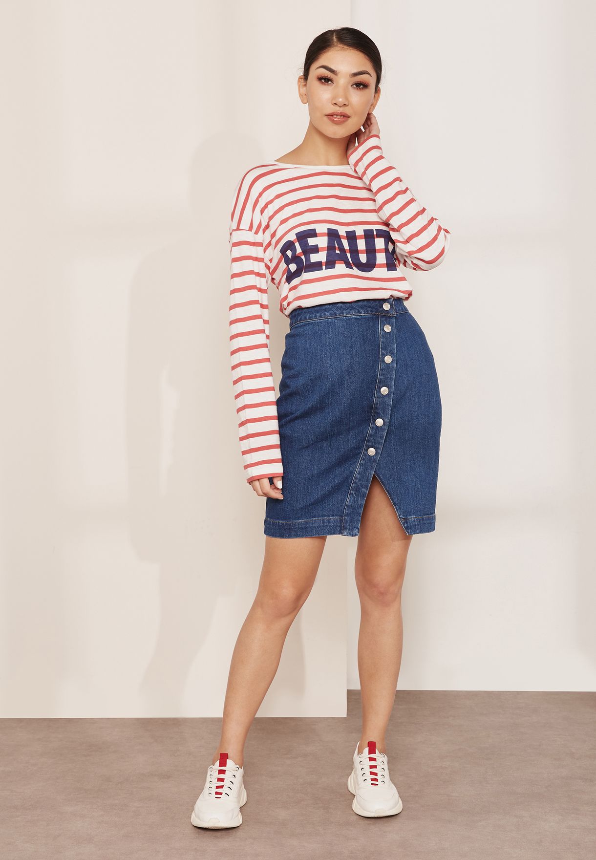 side button denim skirt