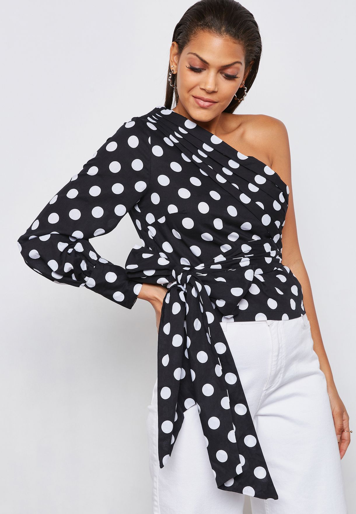 one shoulder polka dot top