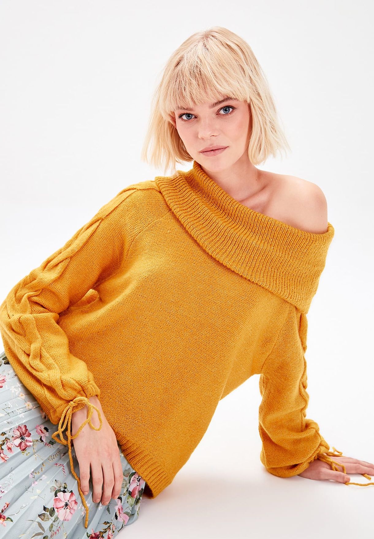 yellow off shoulder sweater