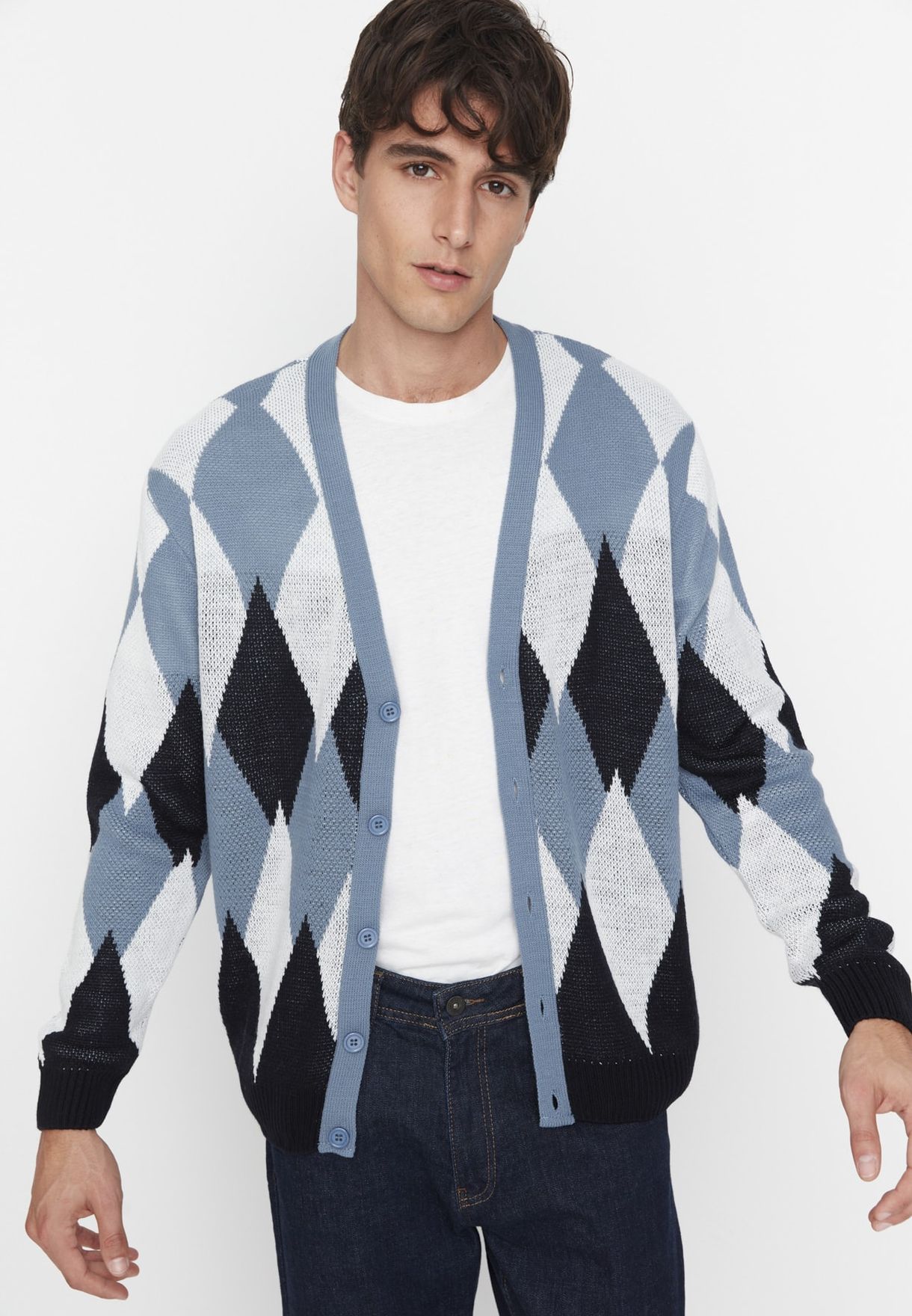 Checked Knitted V-Neck Cardigan
