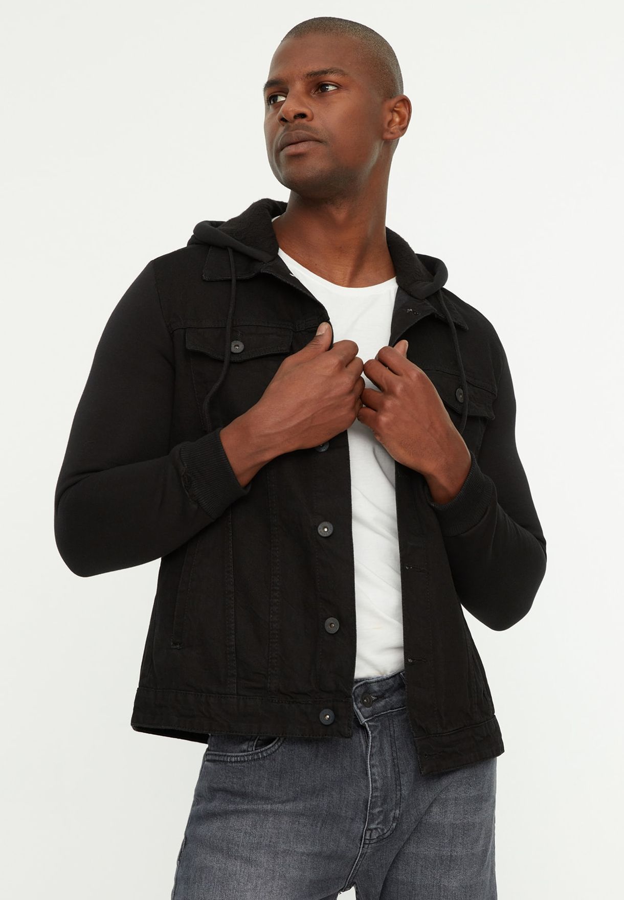 black hooded denim jacket mens