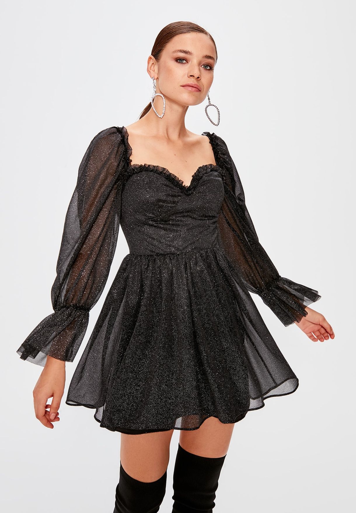 mesh sleeve skater dress