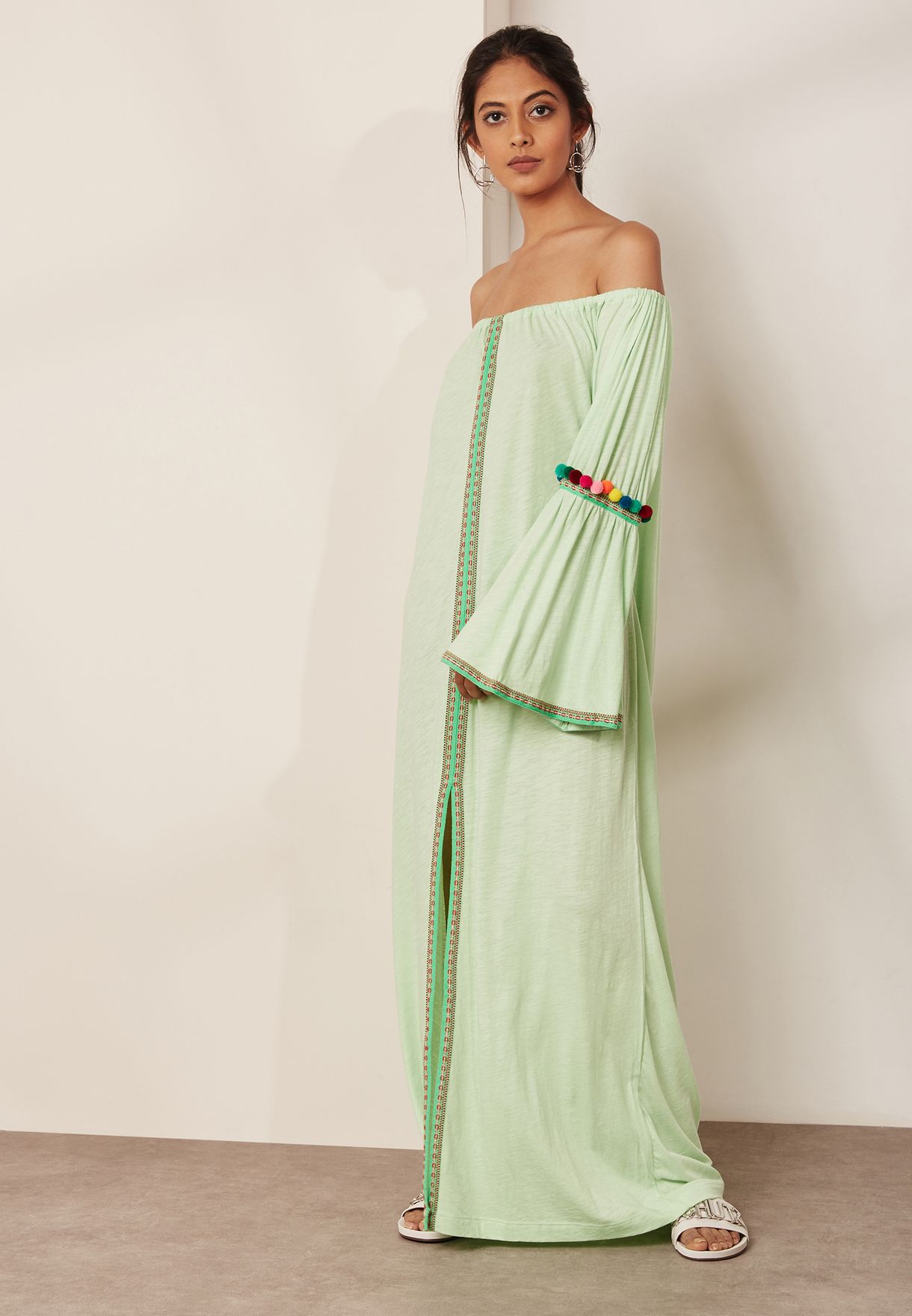 Buy Pitusa Green Pom Pom Flared Sleeve Bardot Maxi Beach Dress For