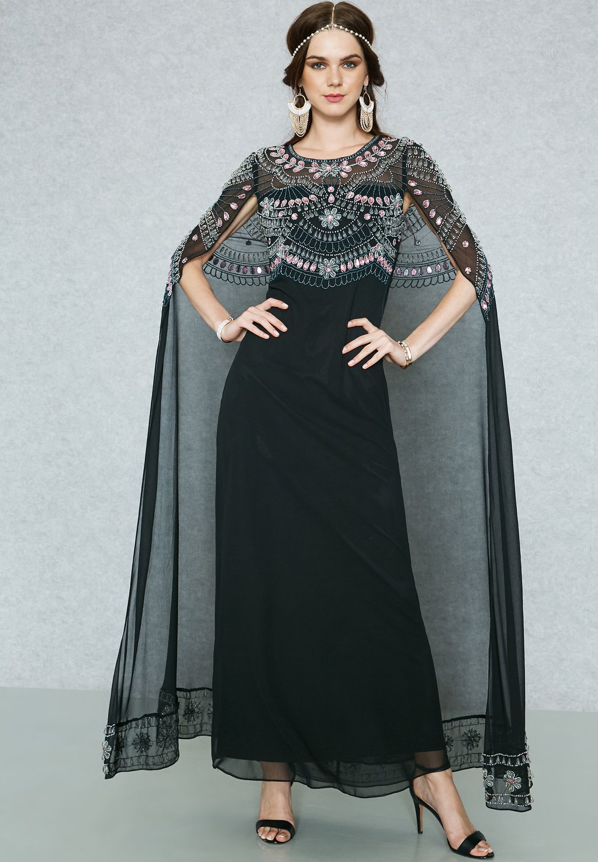 black cape maxi dress