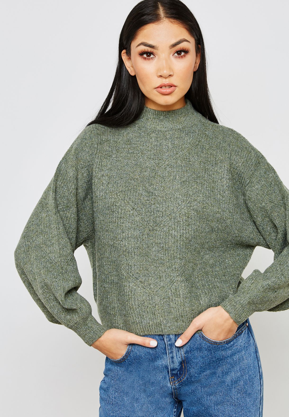 green balloon sleeve sweater