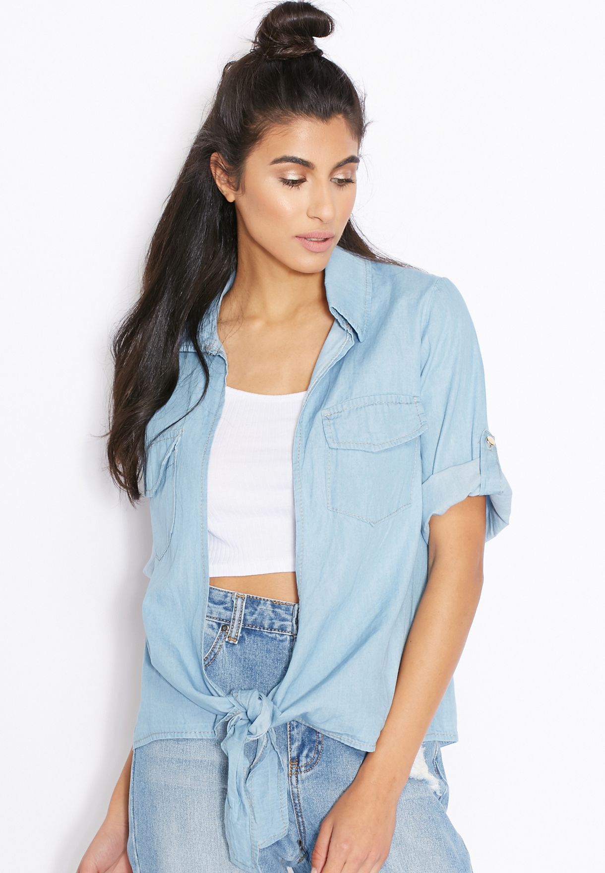 tie front denim shirt