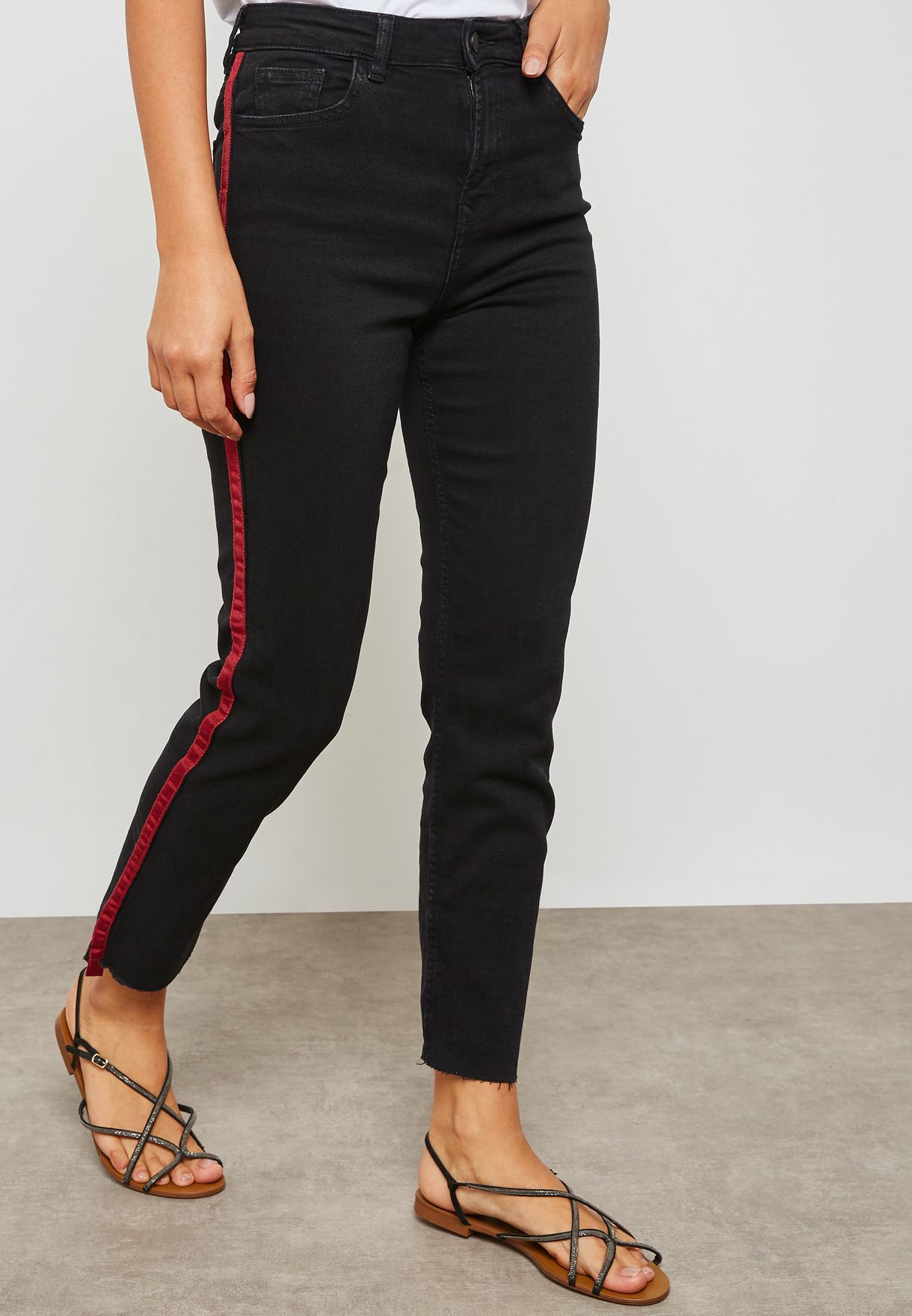 black jeans with red stripe womens