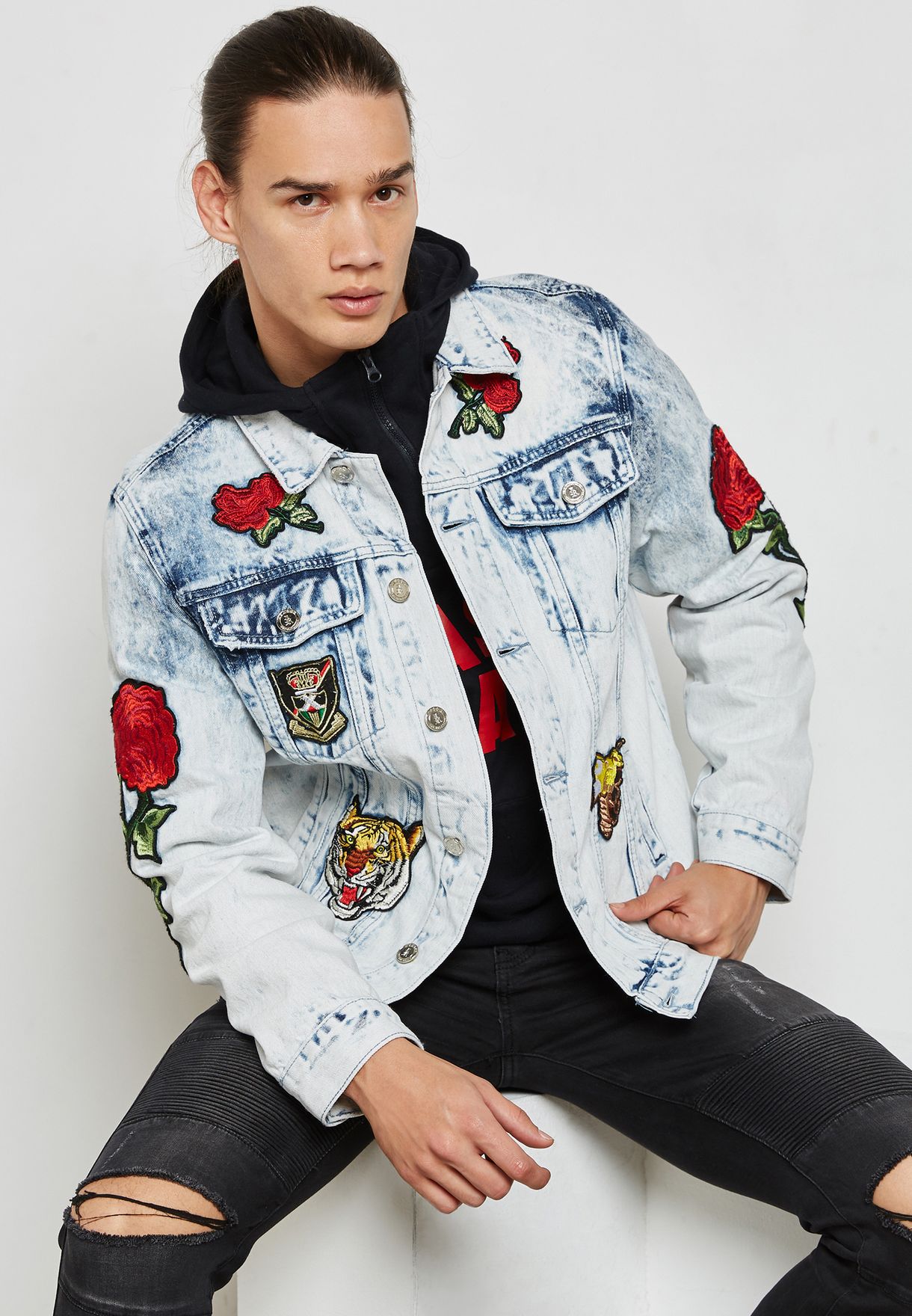 jean jacket with roses mens