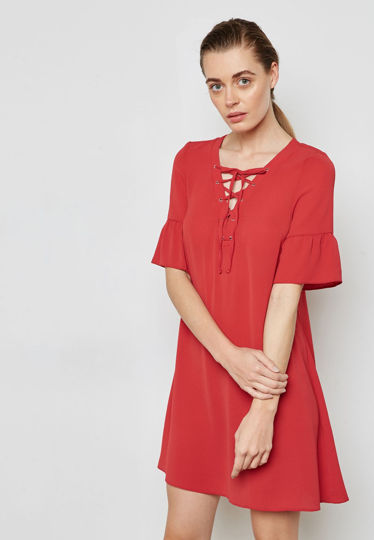 red flute sleeve dress