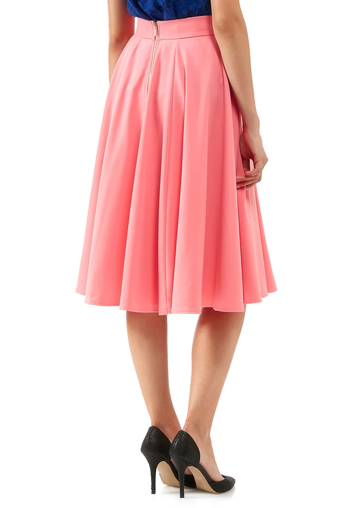 pink flared midi skirt