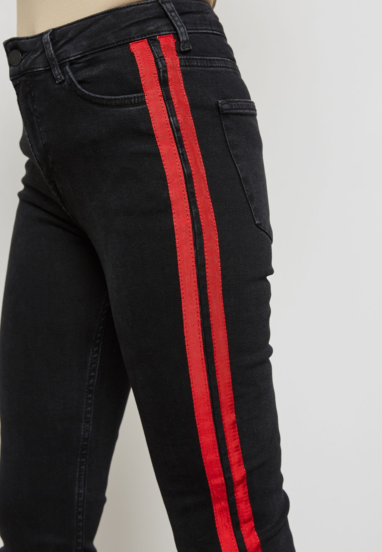 black and red striped jeans