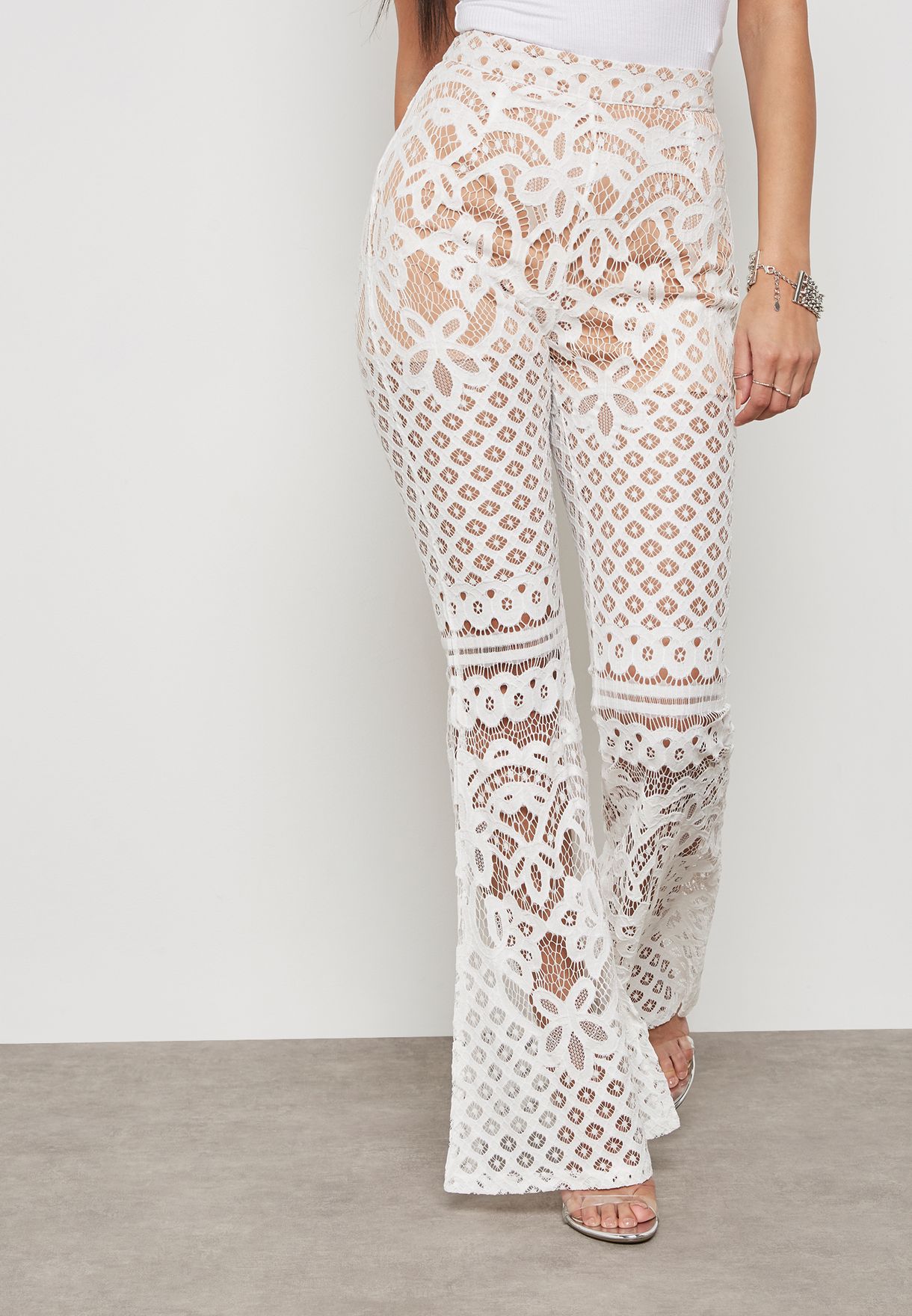 white lace flare trousers