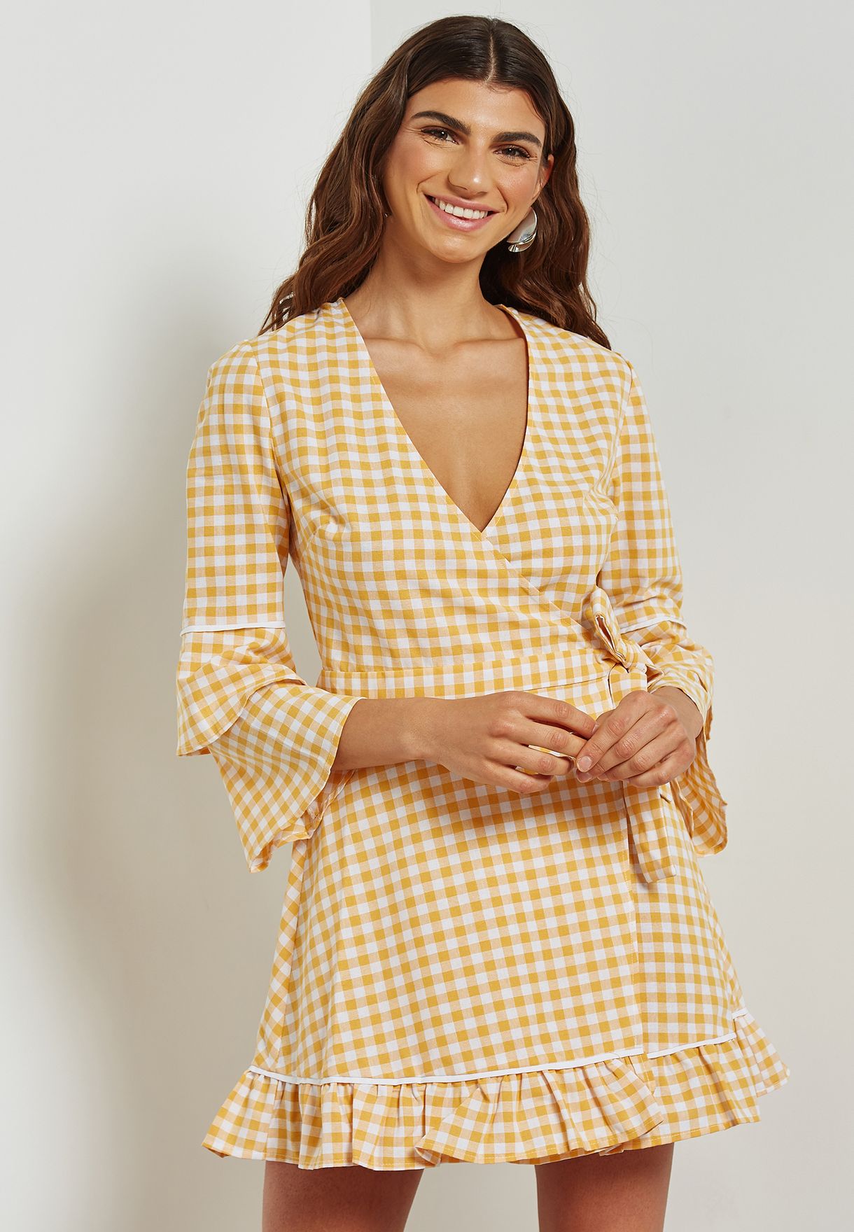 checked wrap dress