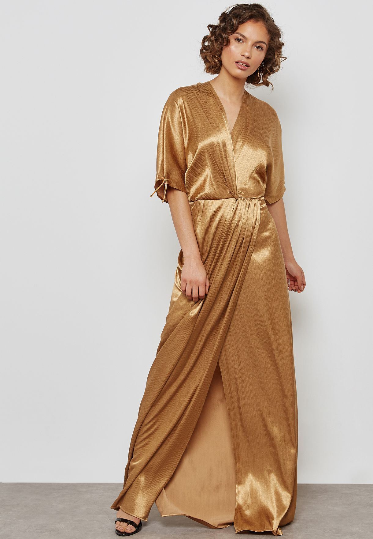 gold metallic wrap dress