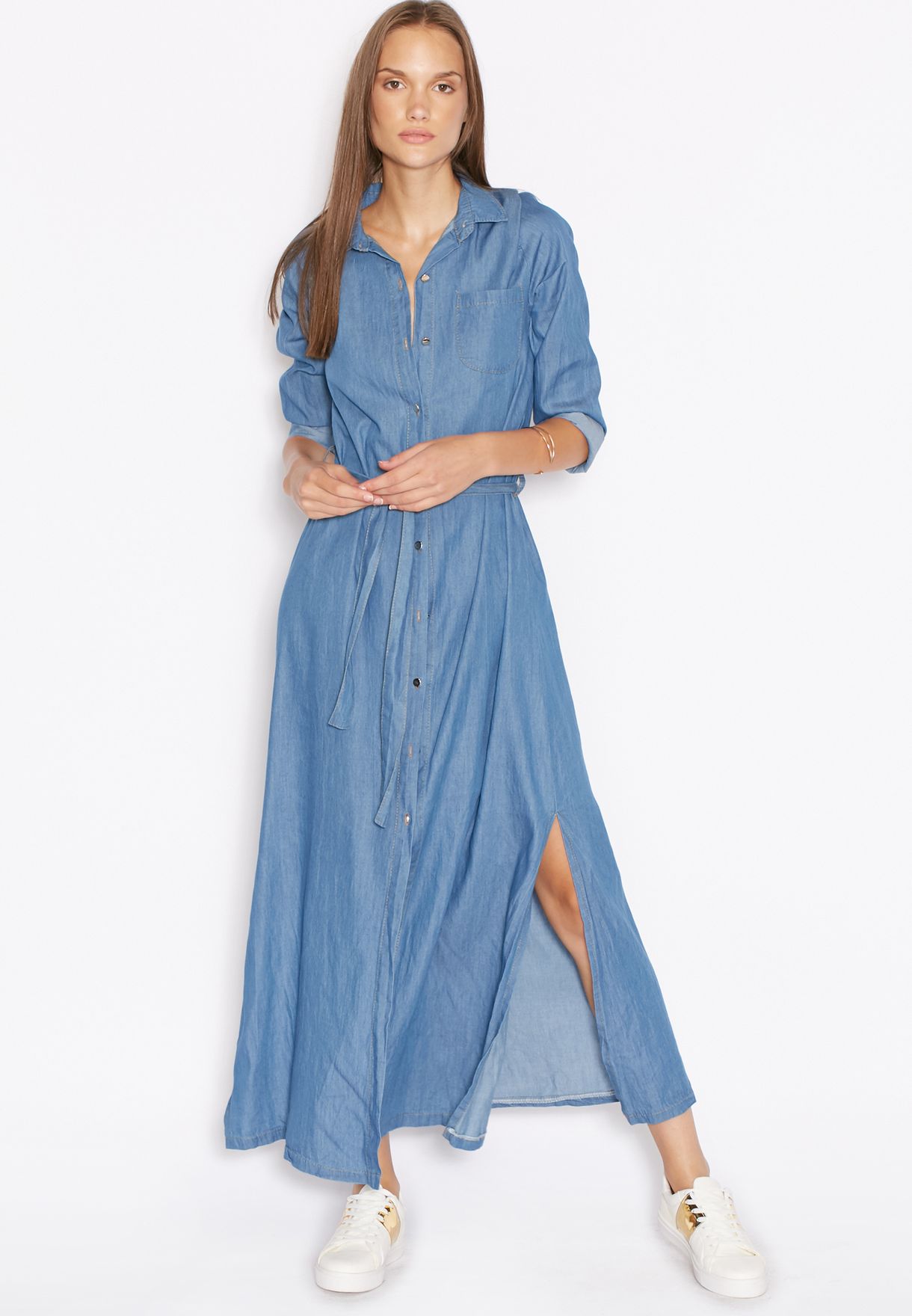 denim shirt with maxi dress