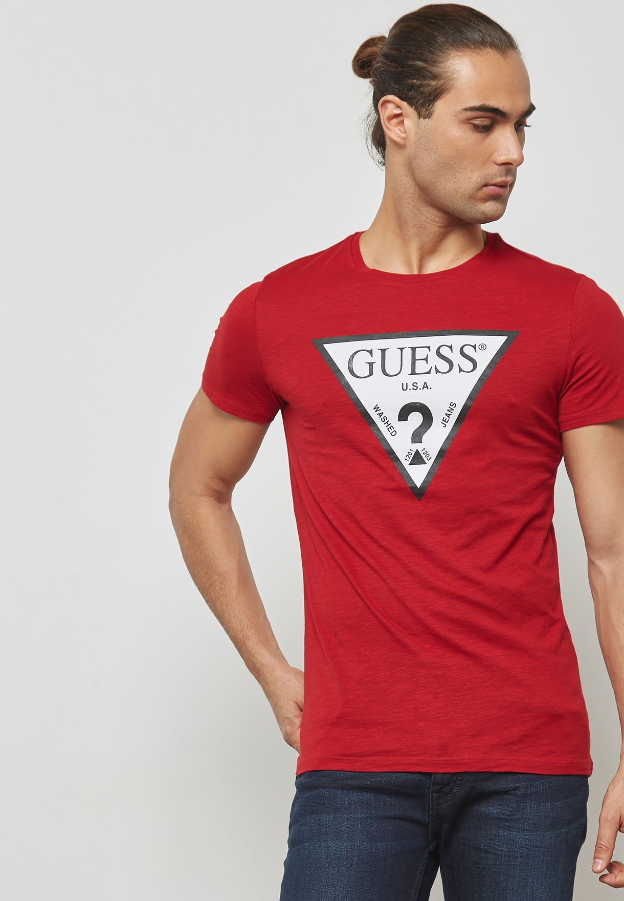 red guess shirt