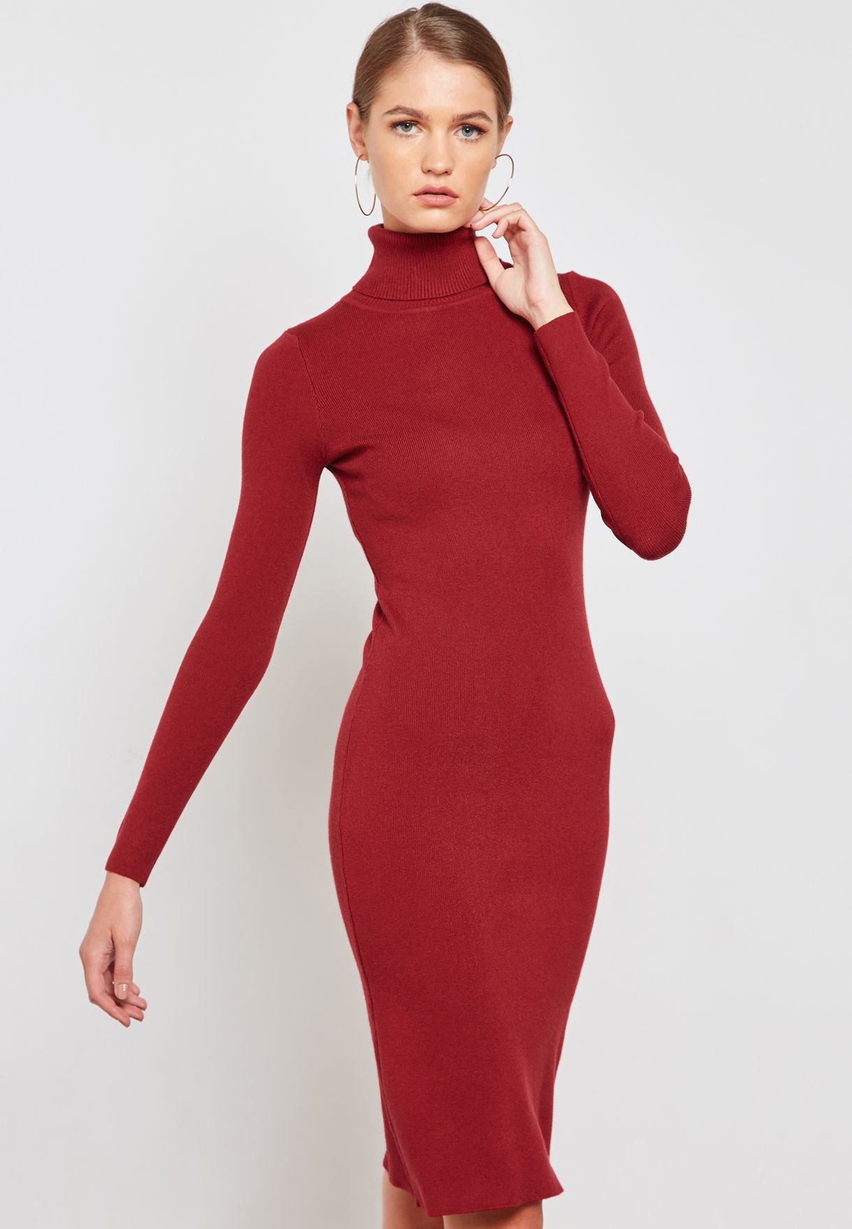 red high neck midi dress