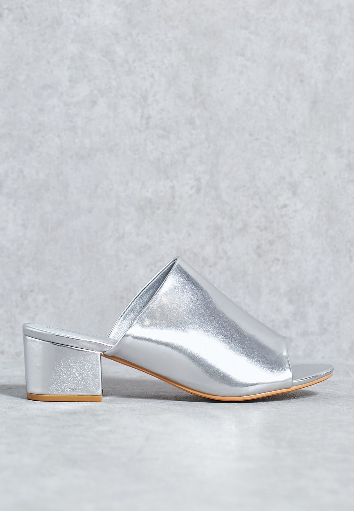 silver block heel mules