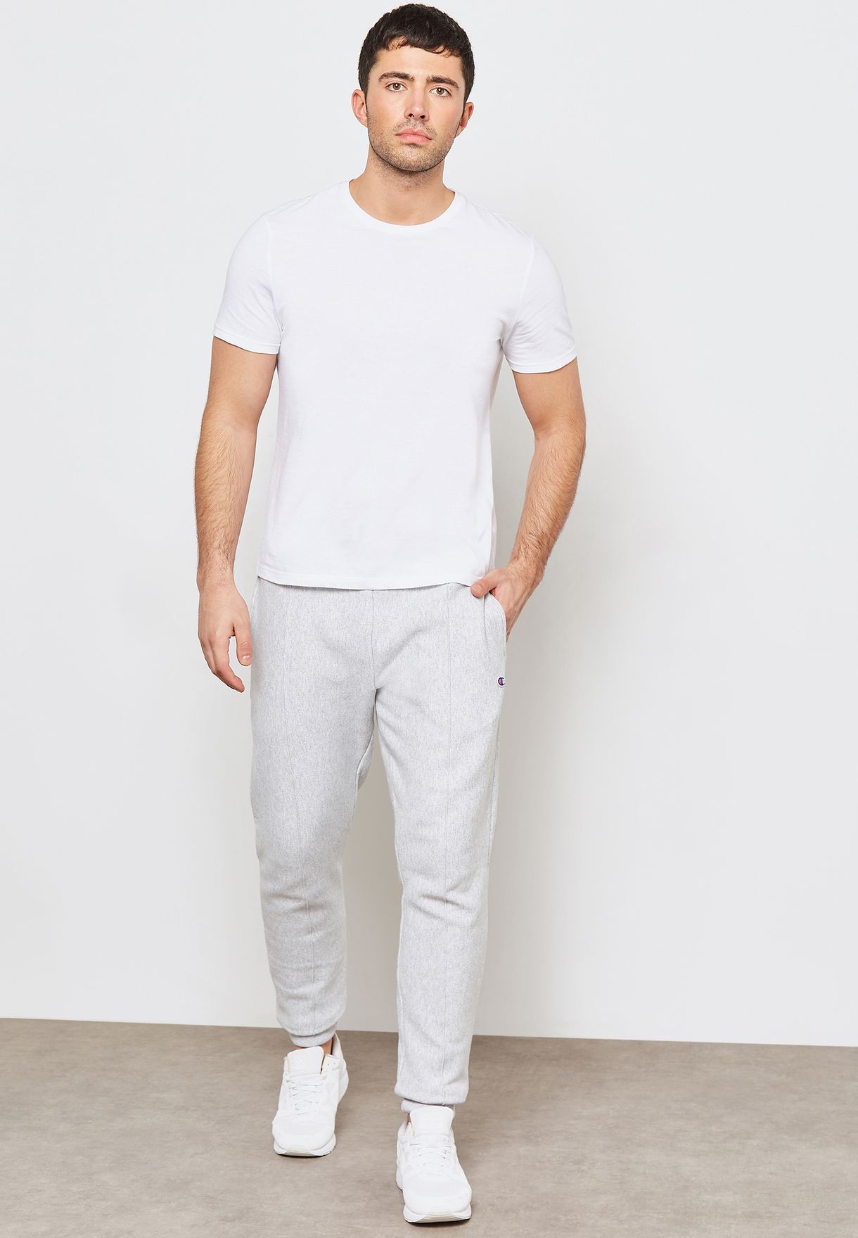 grey sweatpants white shirt