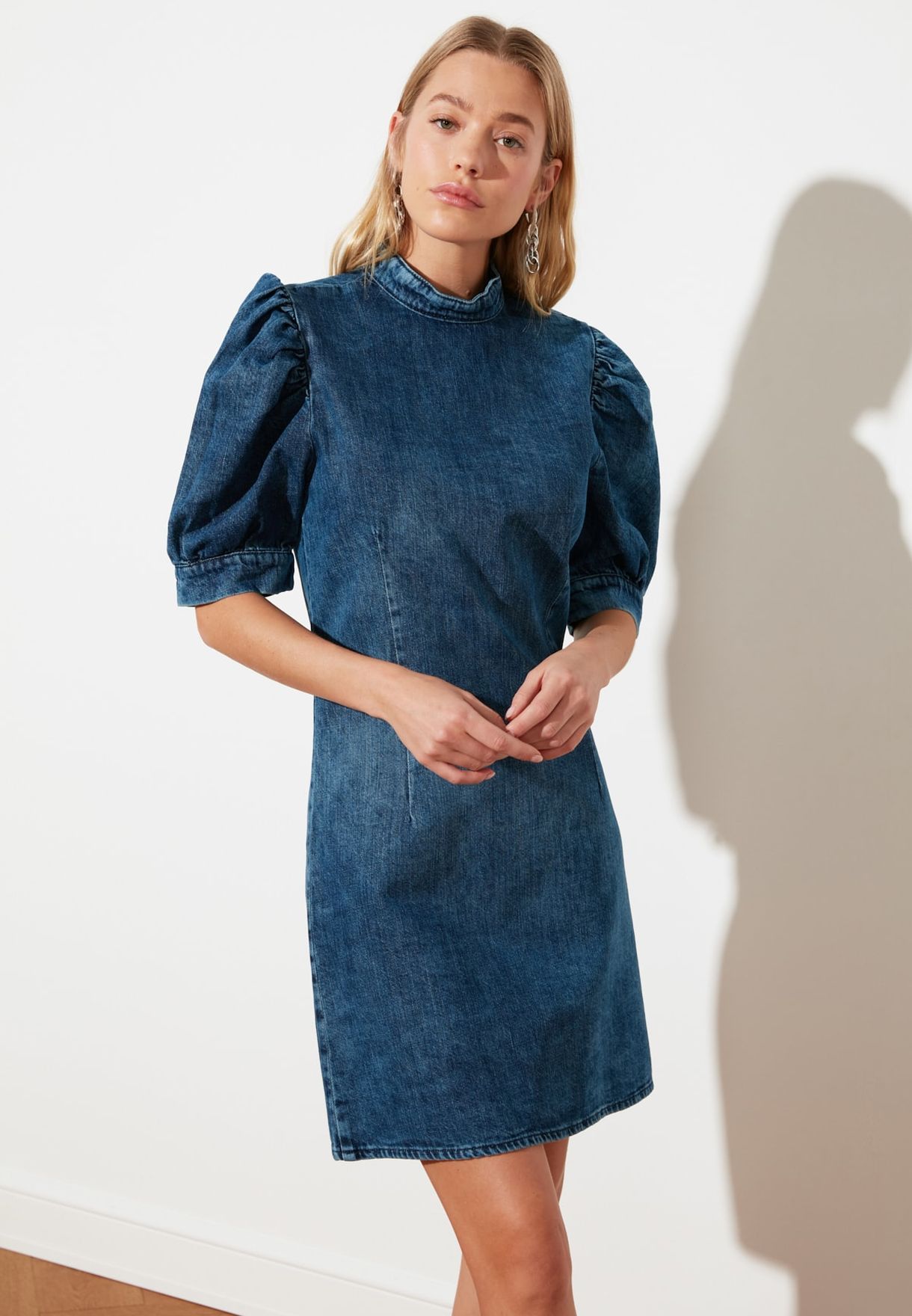 denim dress with puffy sleeves