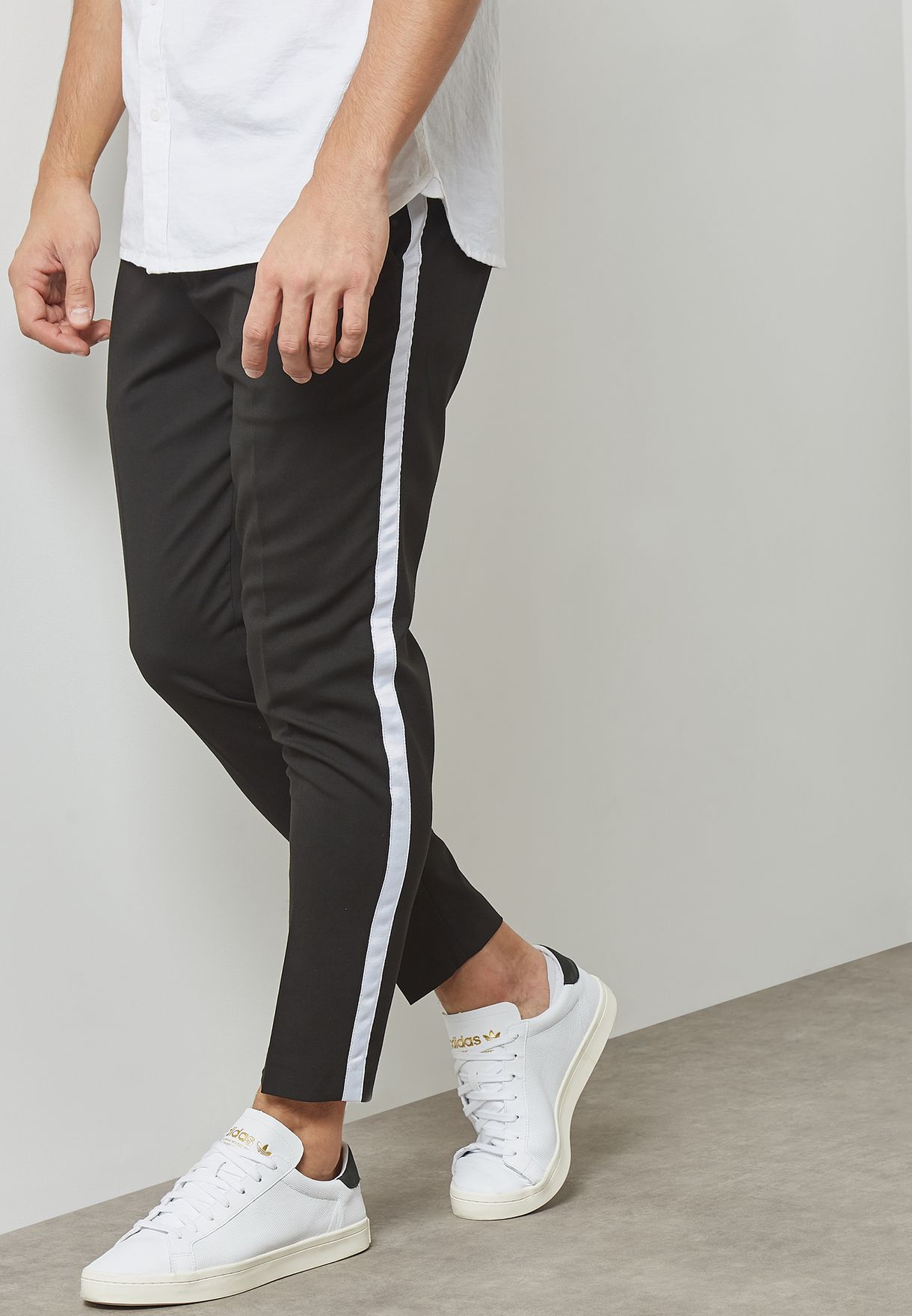 mens black trousers with side stripe