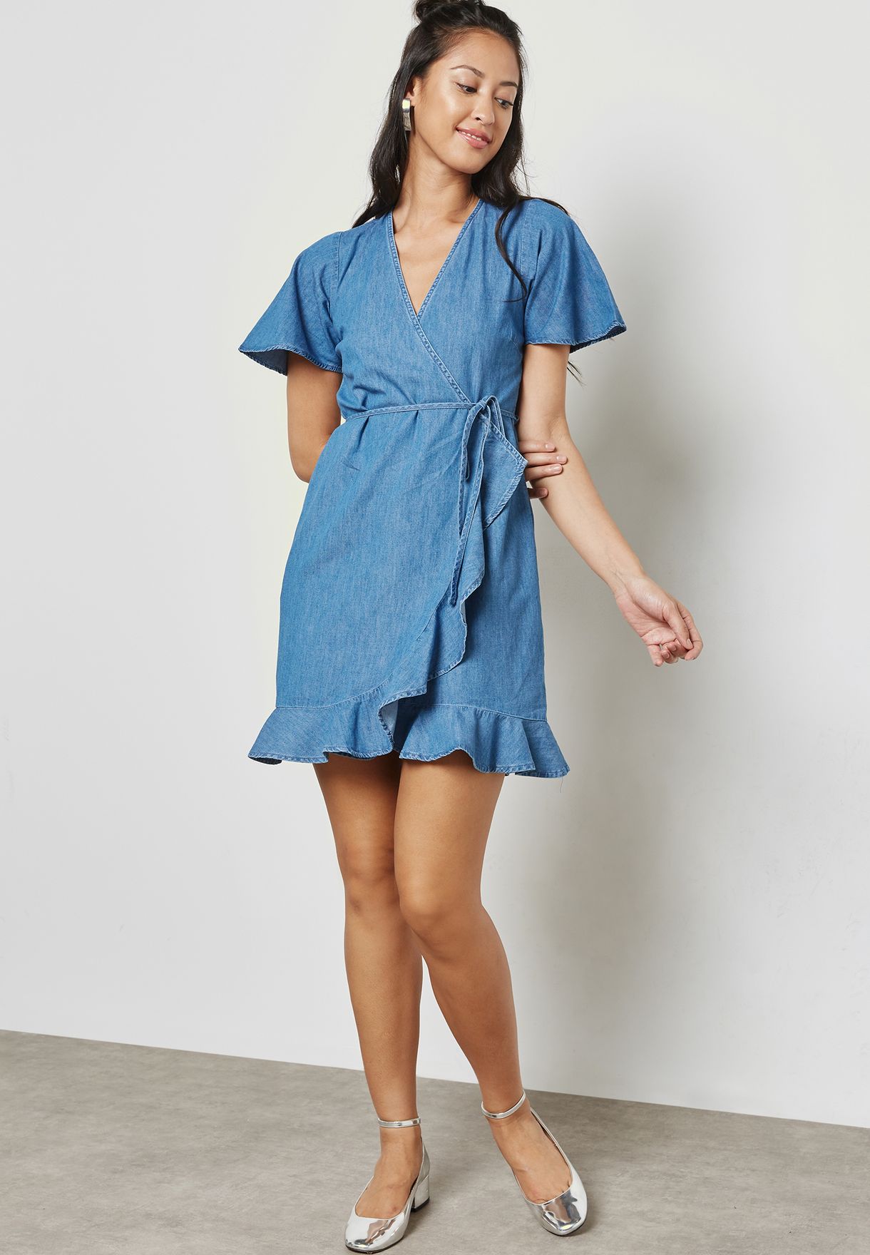 denim frill wrap dress