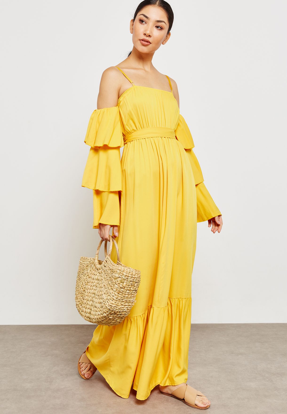 yellow tiered ruffle dress