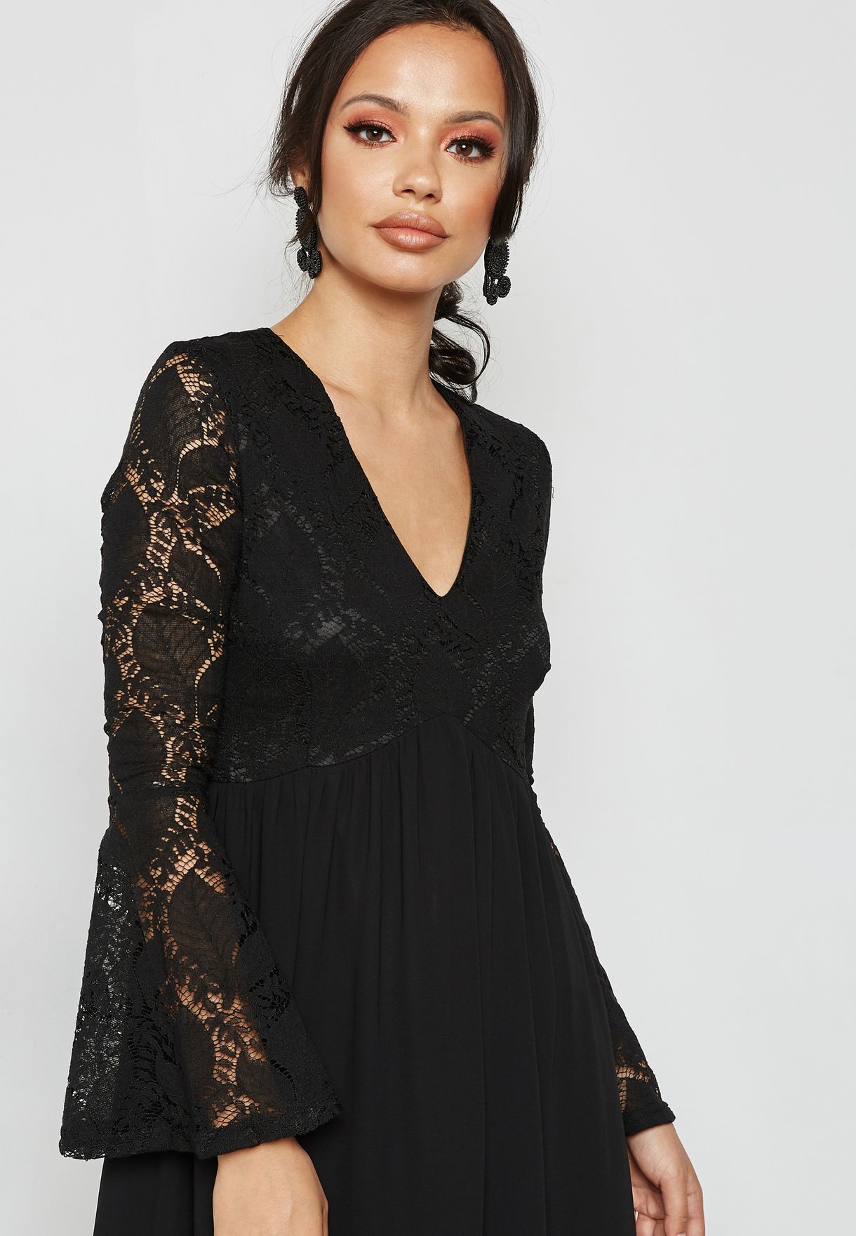 Buy Mela London black Flute Sleeve Lace Maxi Dress for Women in MENA ...