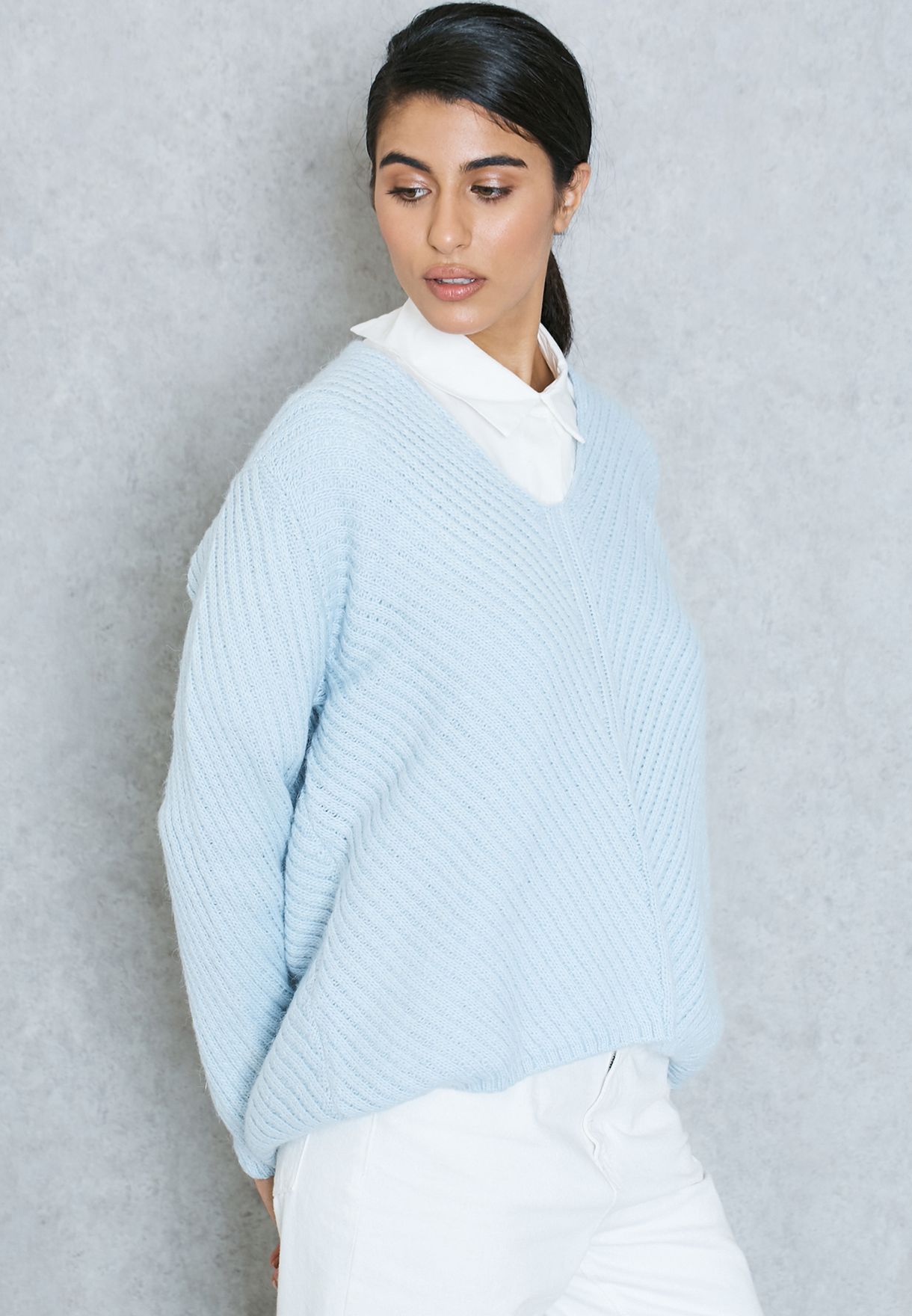 blue ribbed sweater
