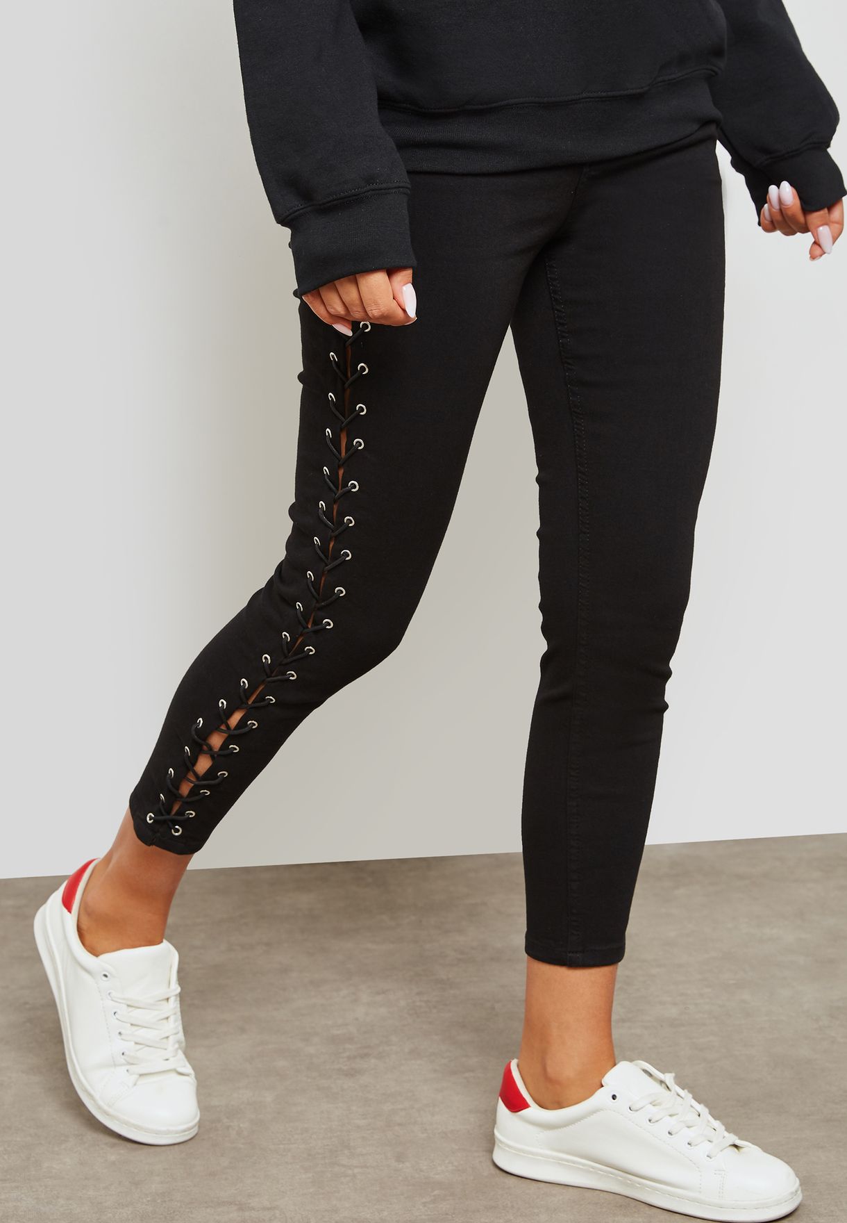 black lace up jeans