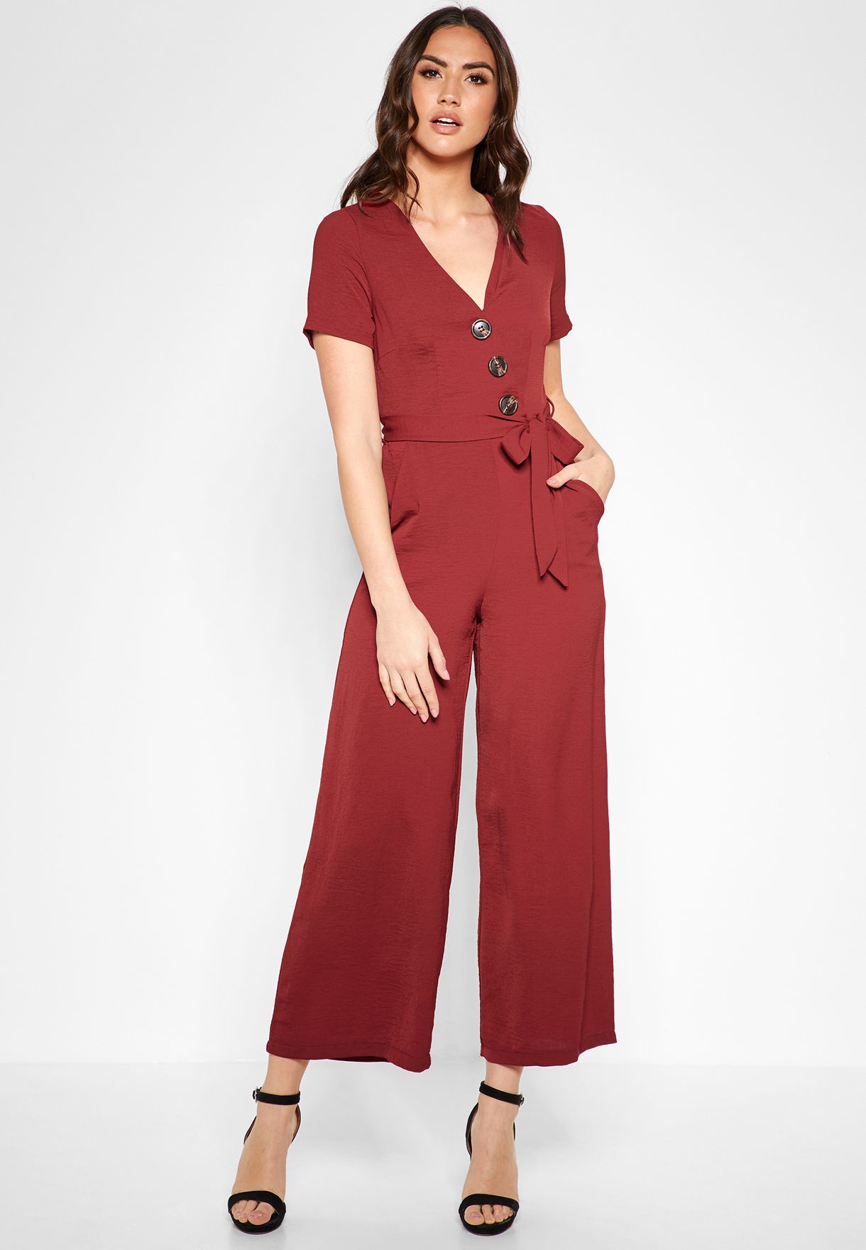 button detail self tie jumpsuit