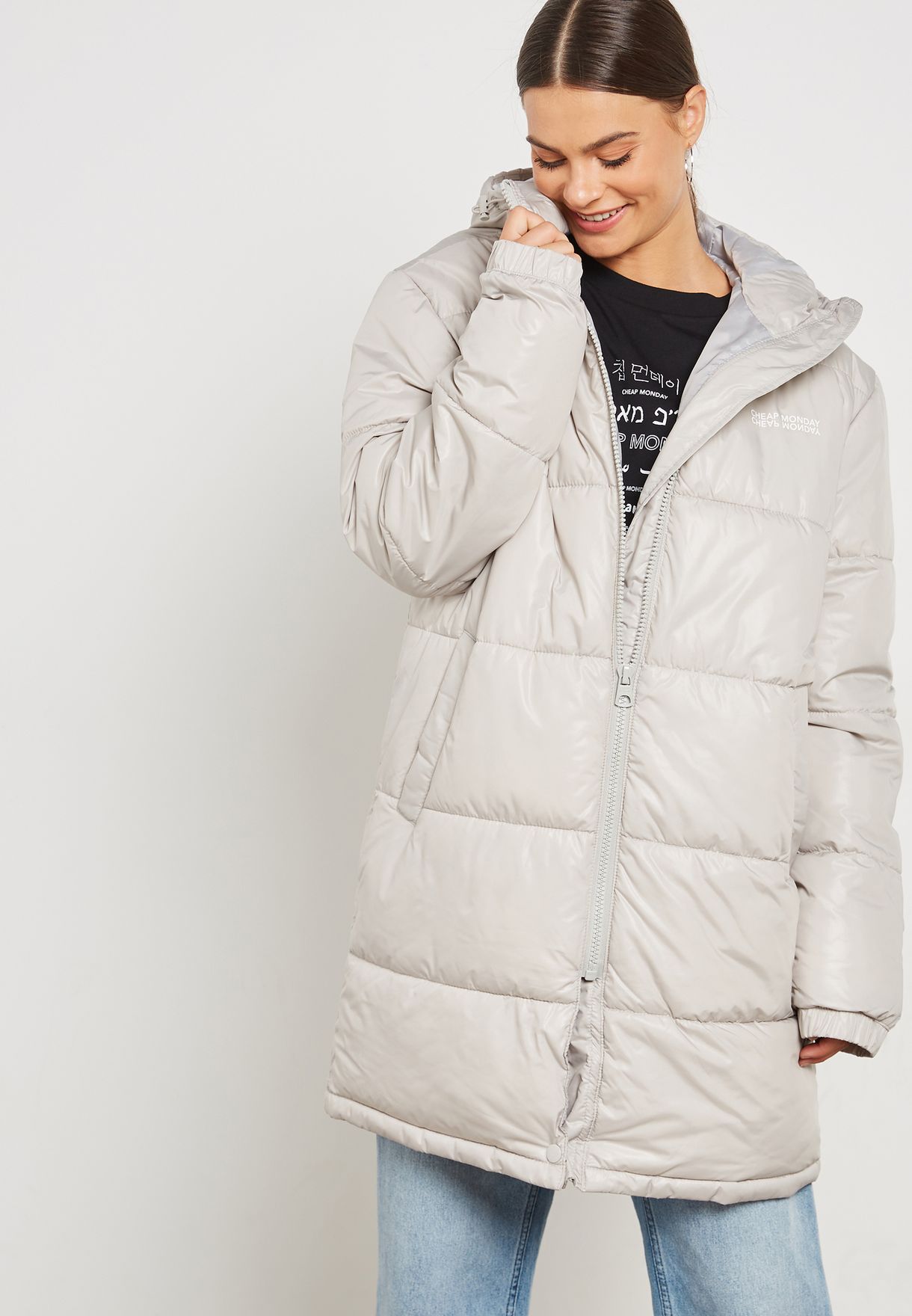 grey Quilted Longline Puffer Jacket 