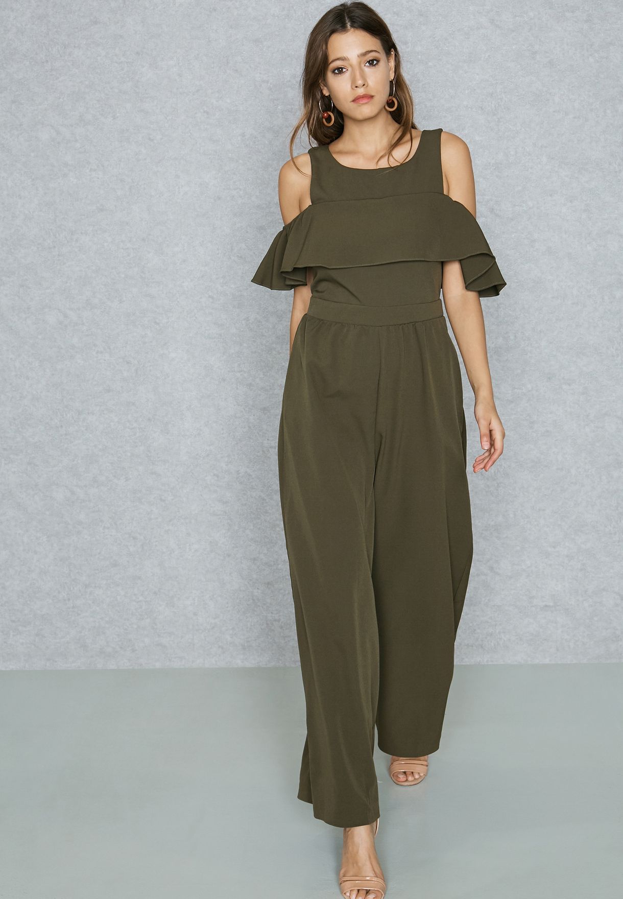 green cold shoulder jumpsuit