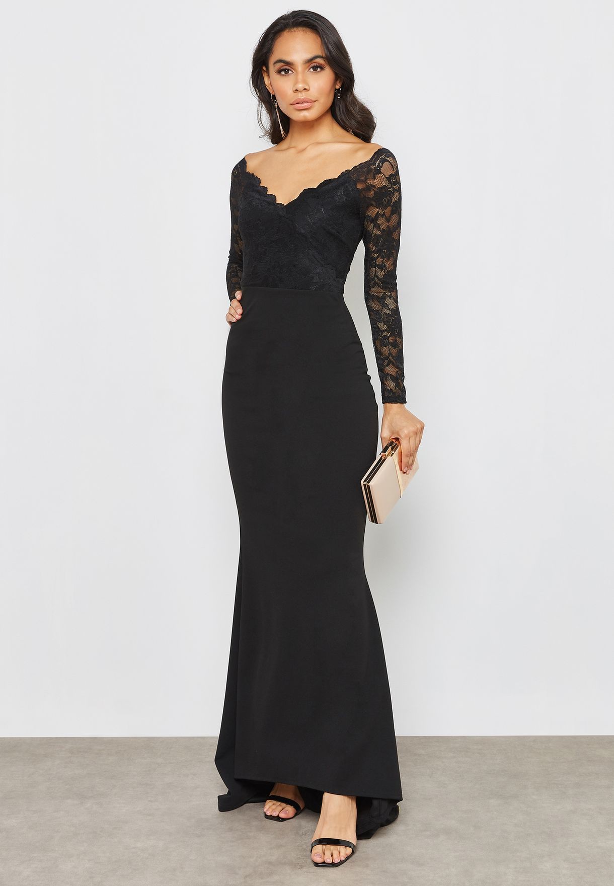 quiz black lace fishtail maxi dress