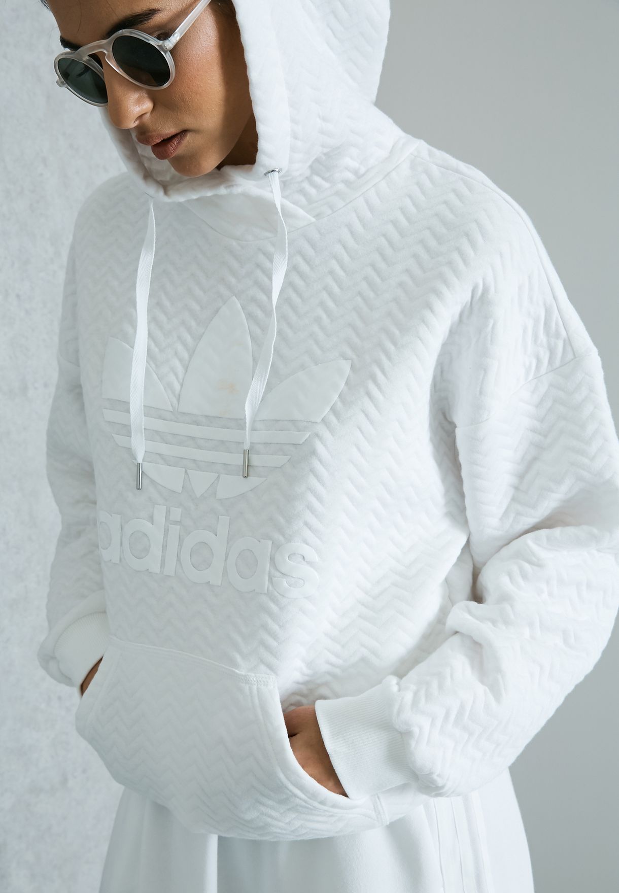 white adidas trefoil hoodie