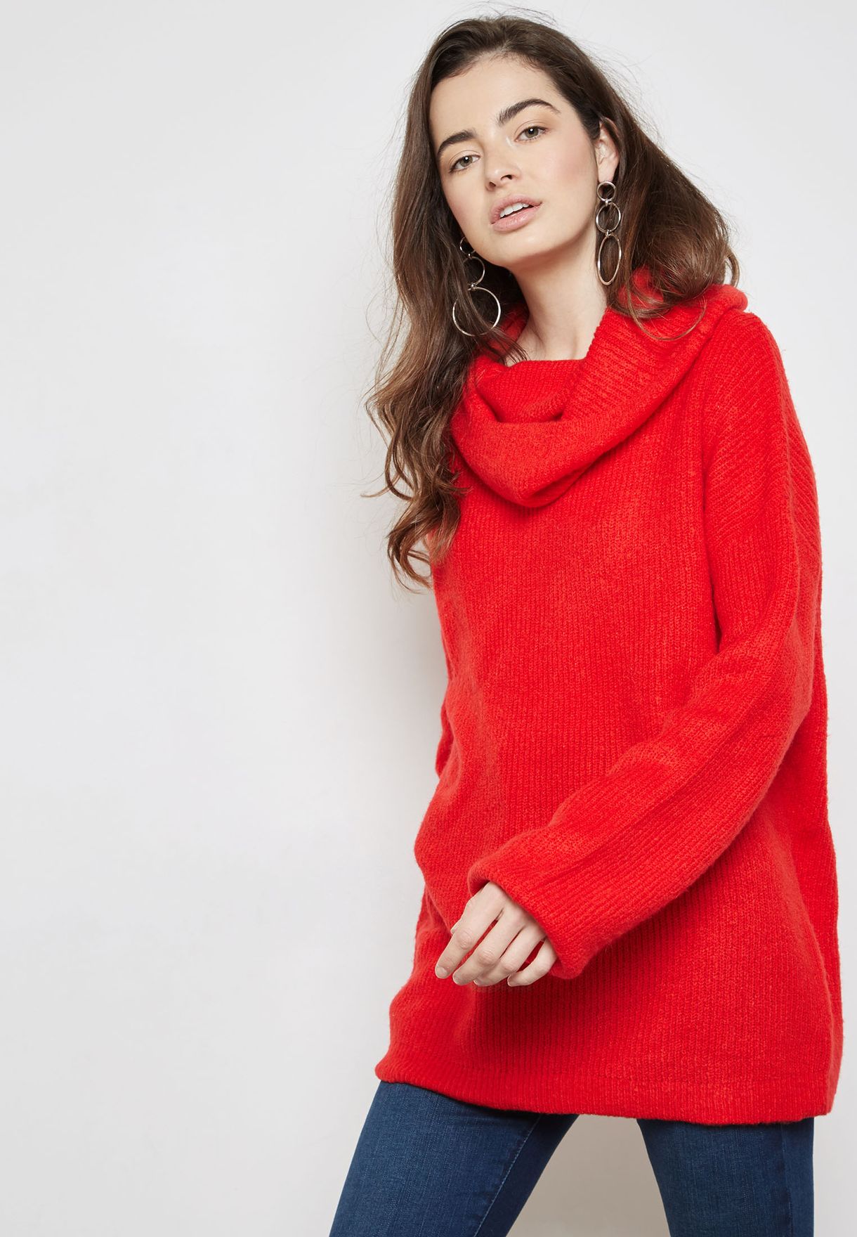 red cowl neck sweater