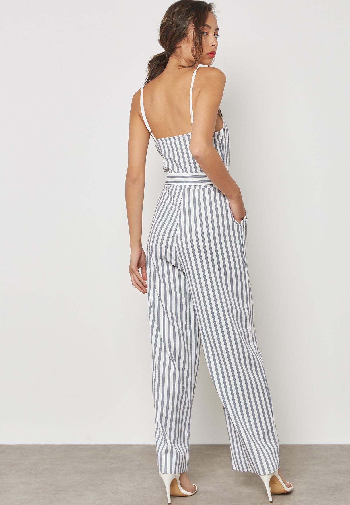 striped tie waist jumpsuit