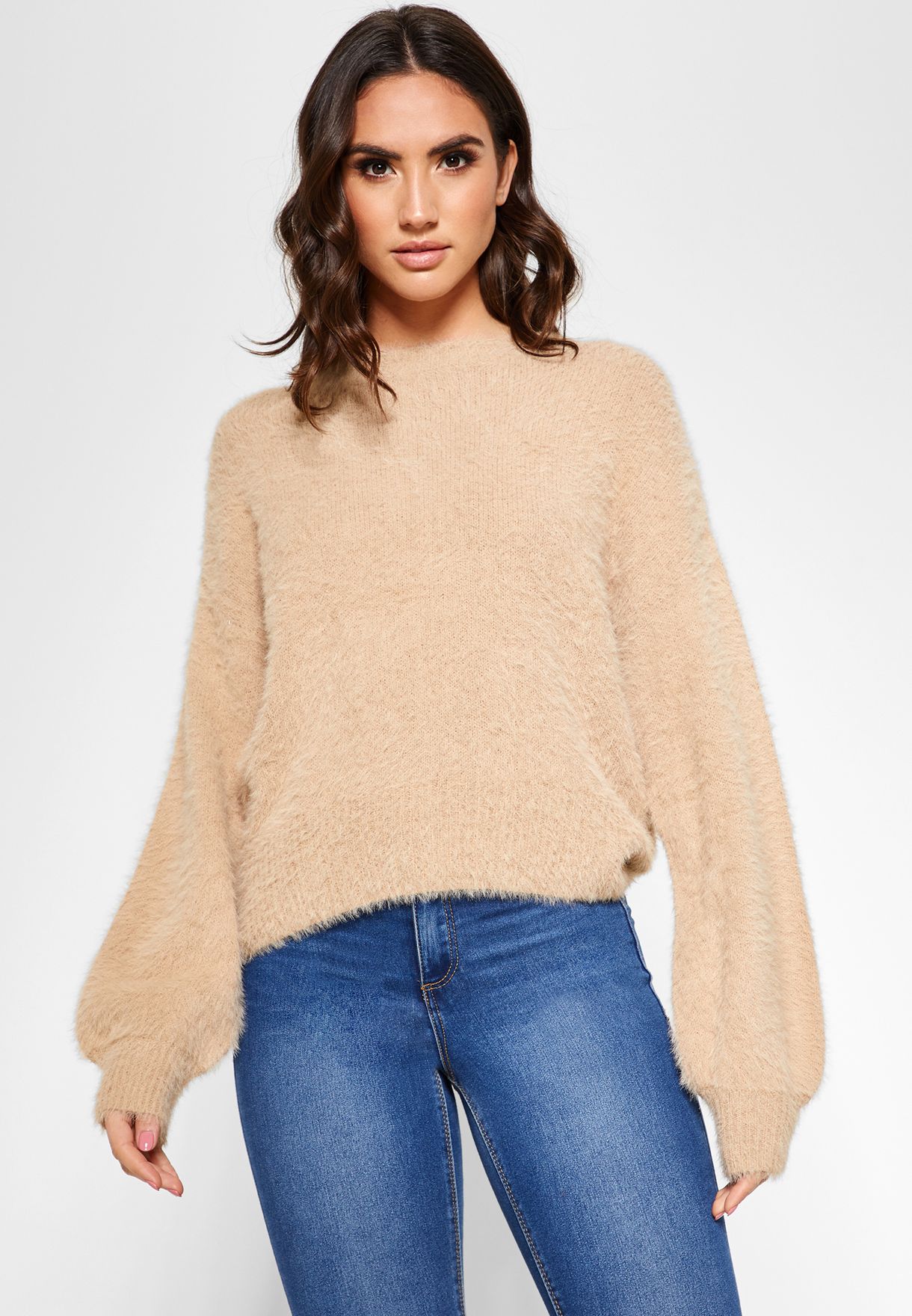 fuzzy crew neck sweater