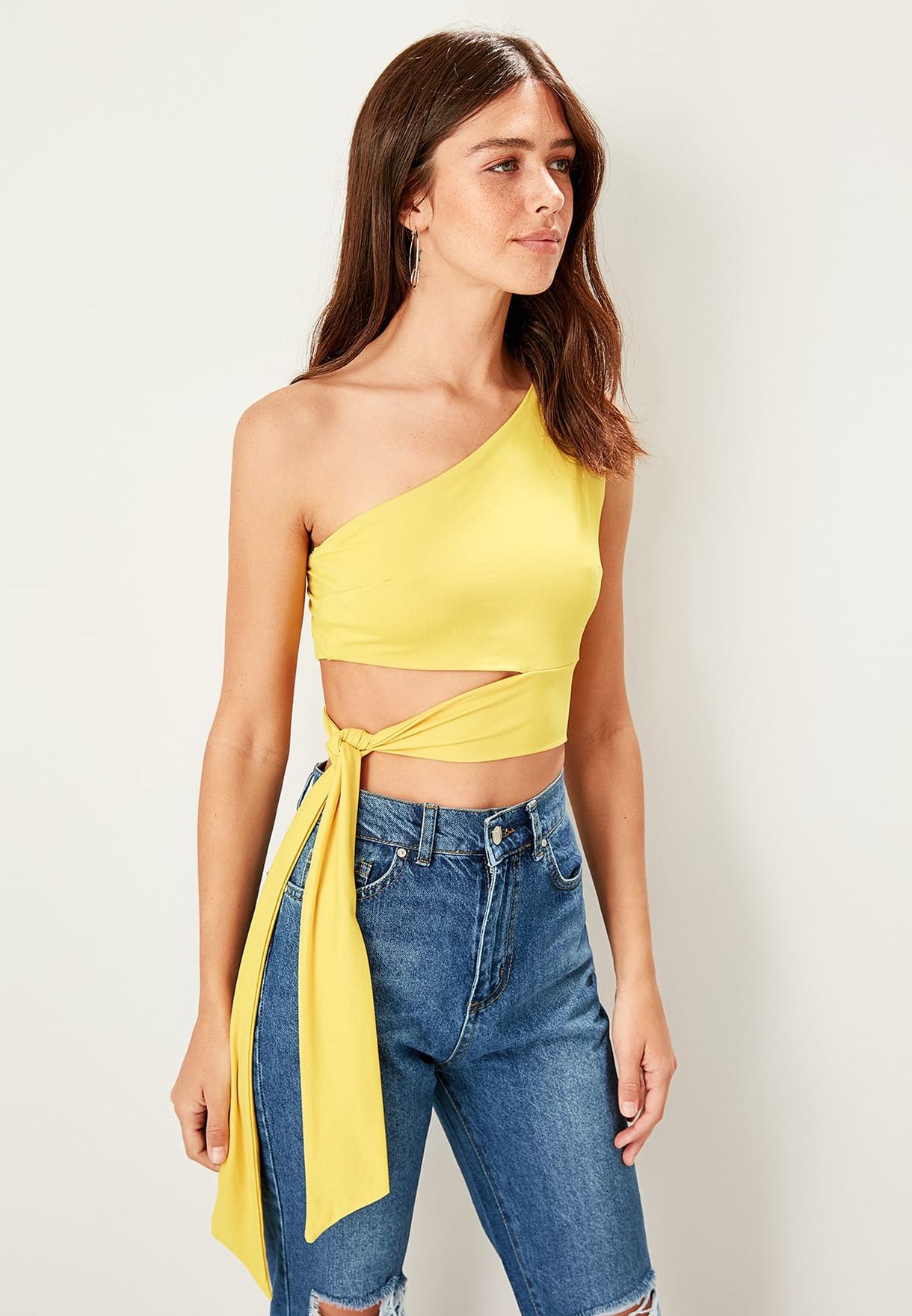 yellow one shoulder crop top