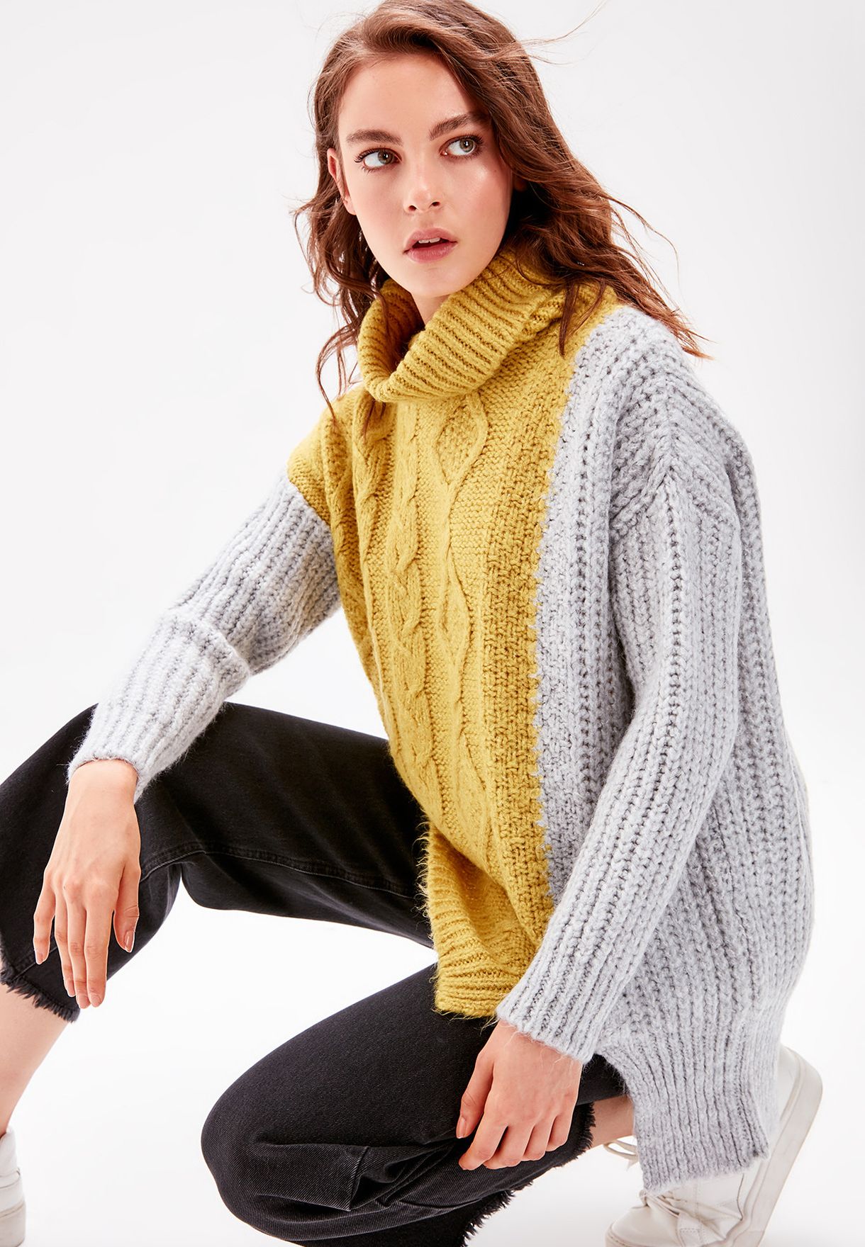 color block cable knit sweater