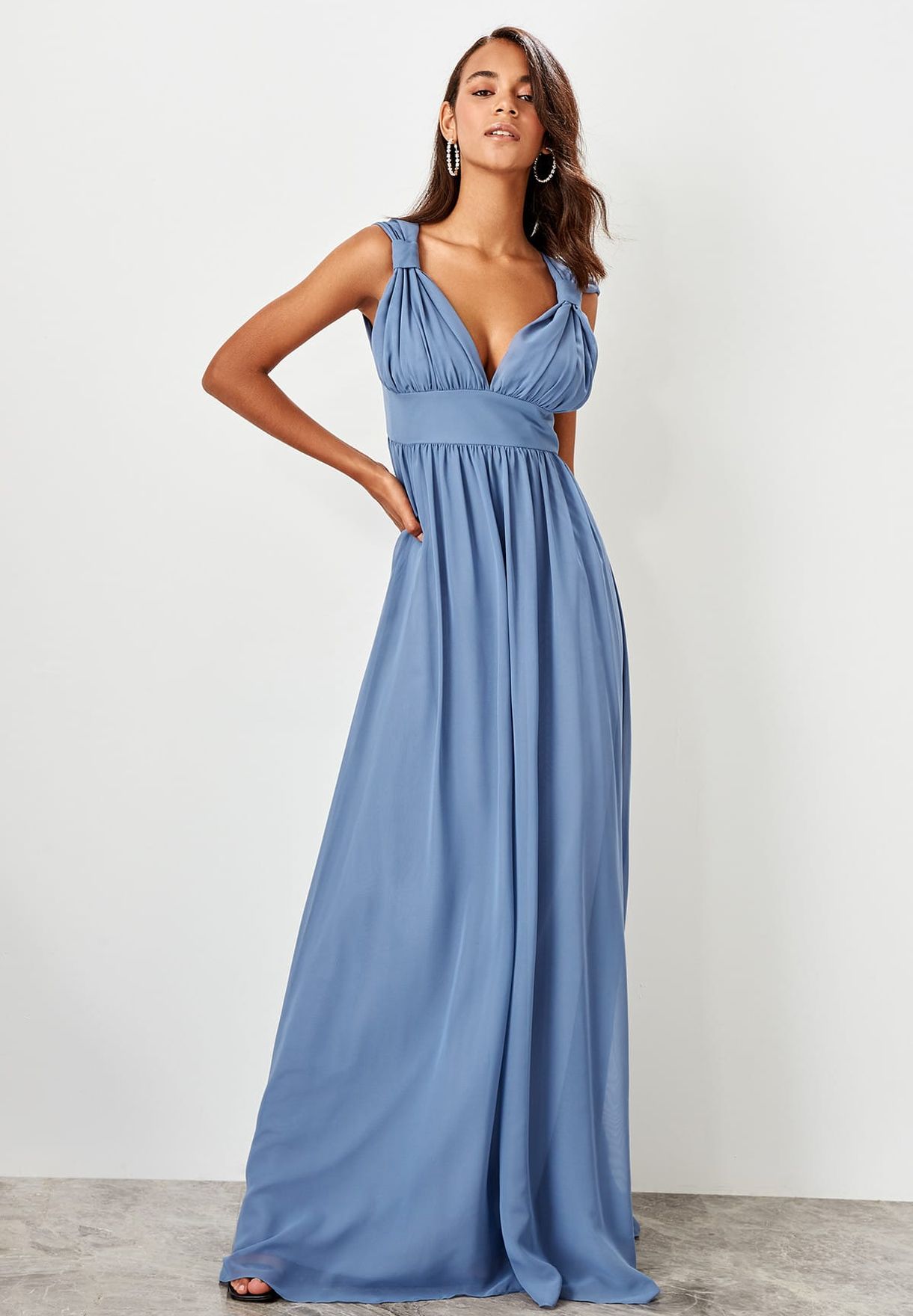 blue plunge maxi dress