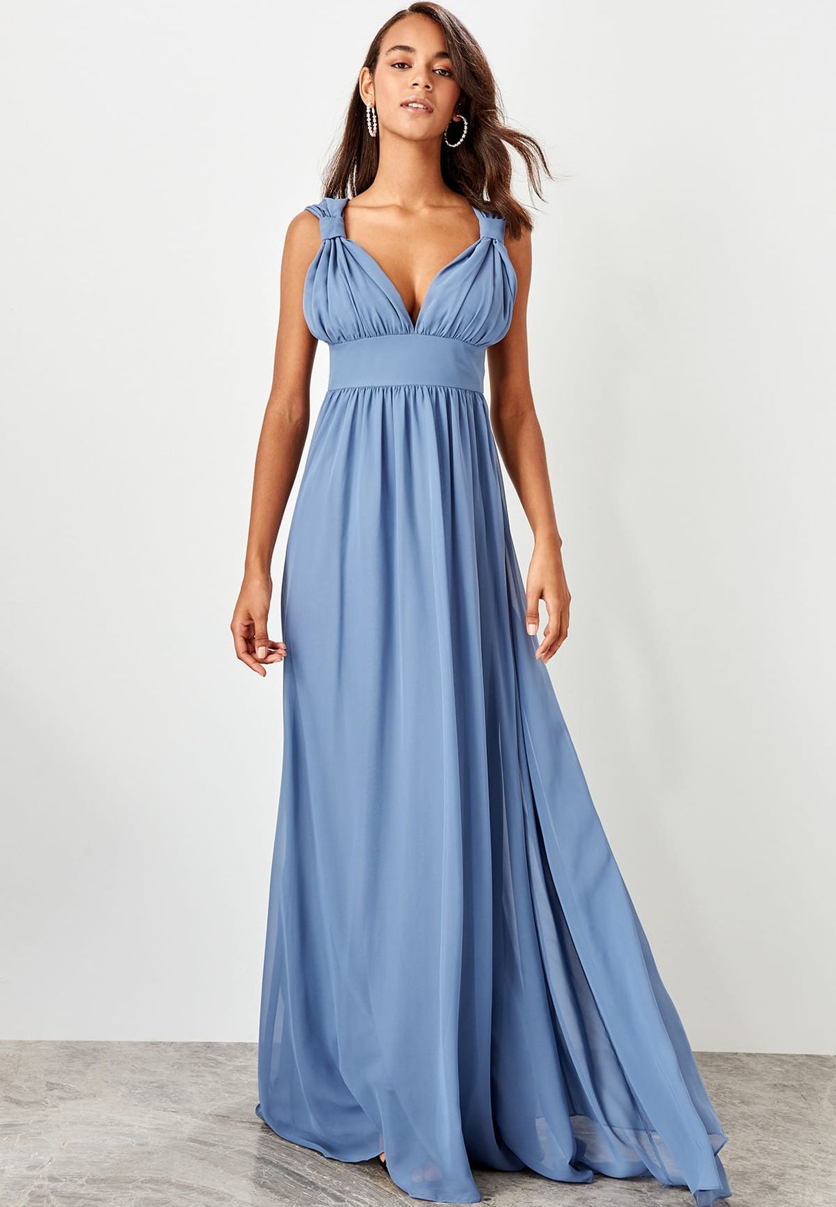 Buy Trendyol blue Pleated Plunge Maxi Dress for Women in Dubai, Abu Dhabi